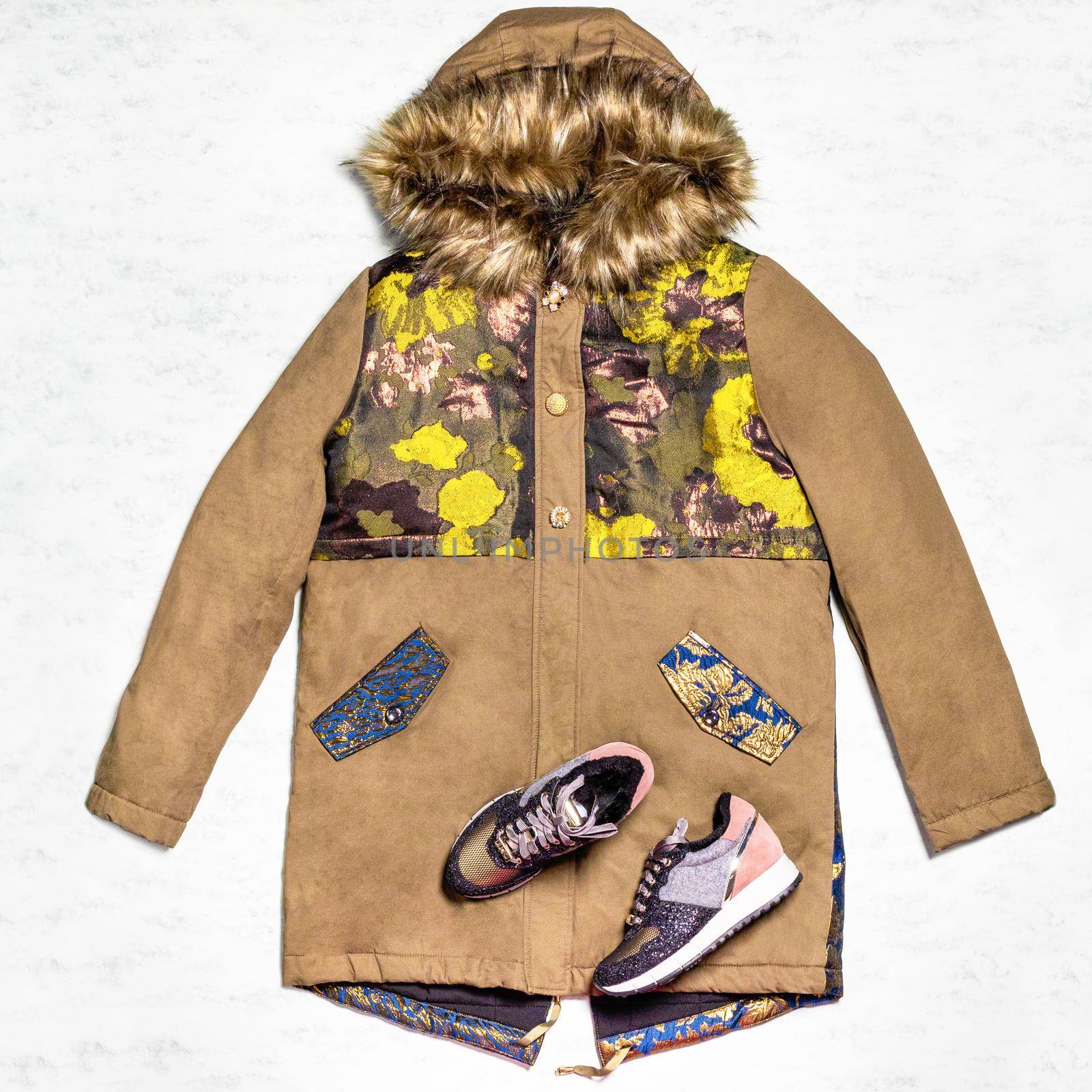 Brown woman jacket with a shoes isolated