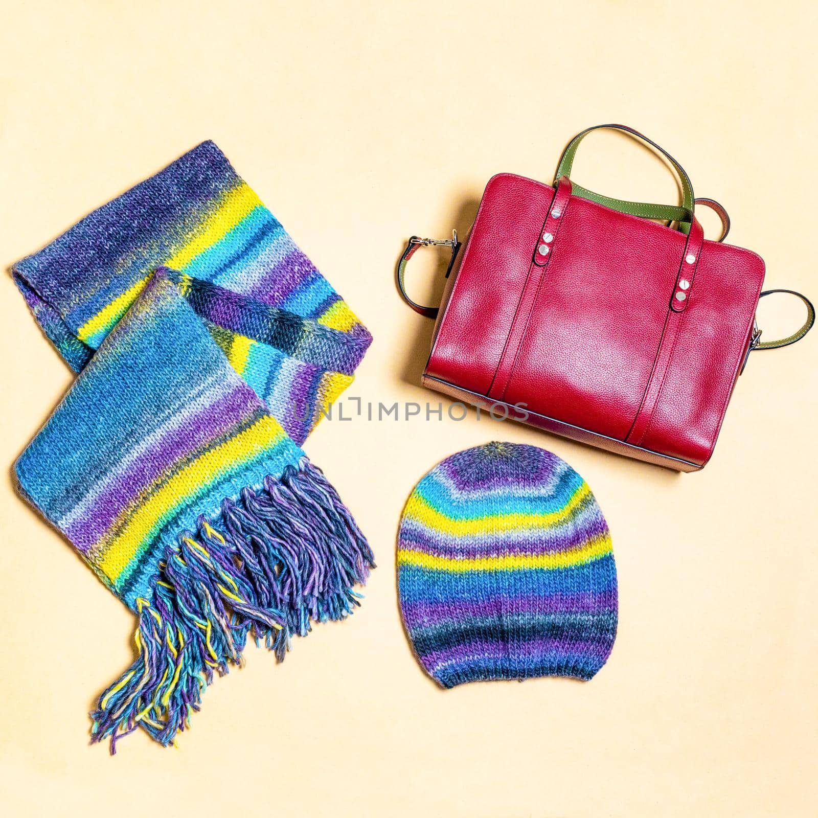 Colorful woman scarf hat and red handbag isolated by ferhad
