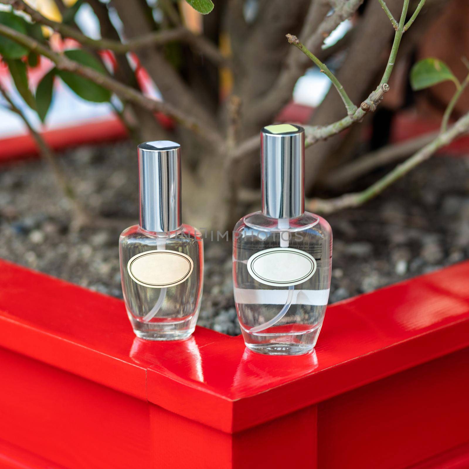 Perfume flacons on the red plant pot by ferhad
