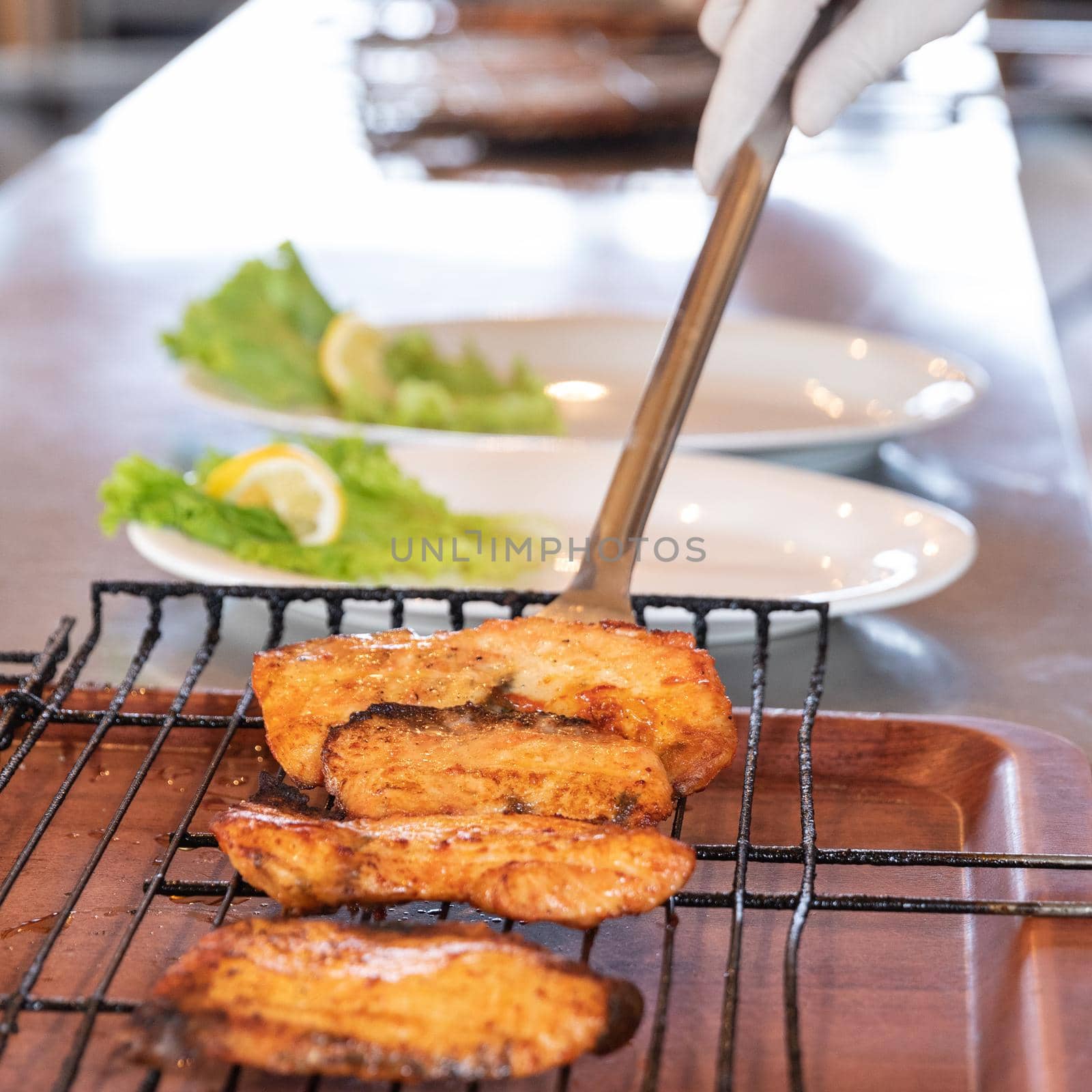 Fried fish meal, kebab close up