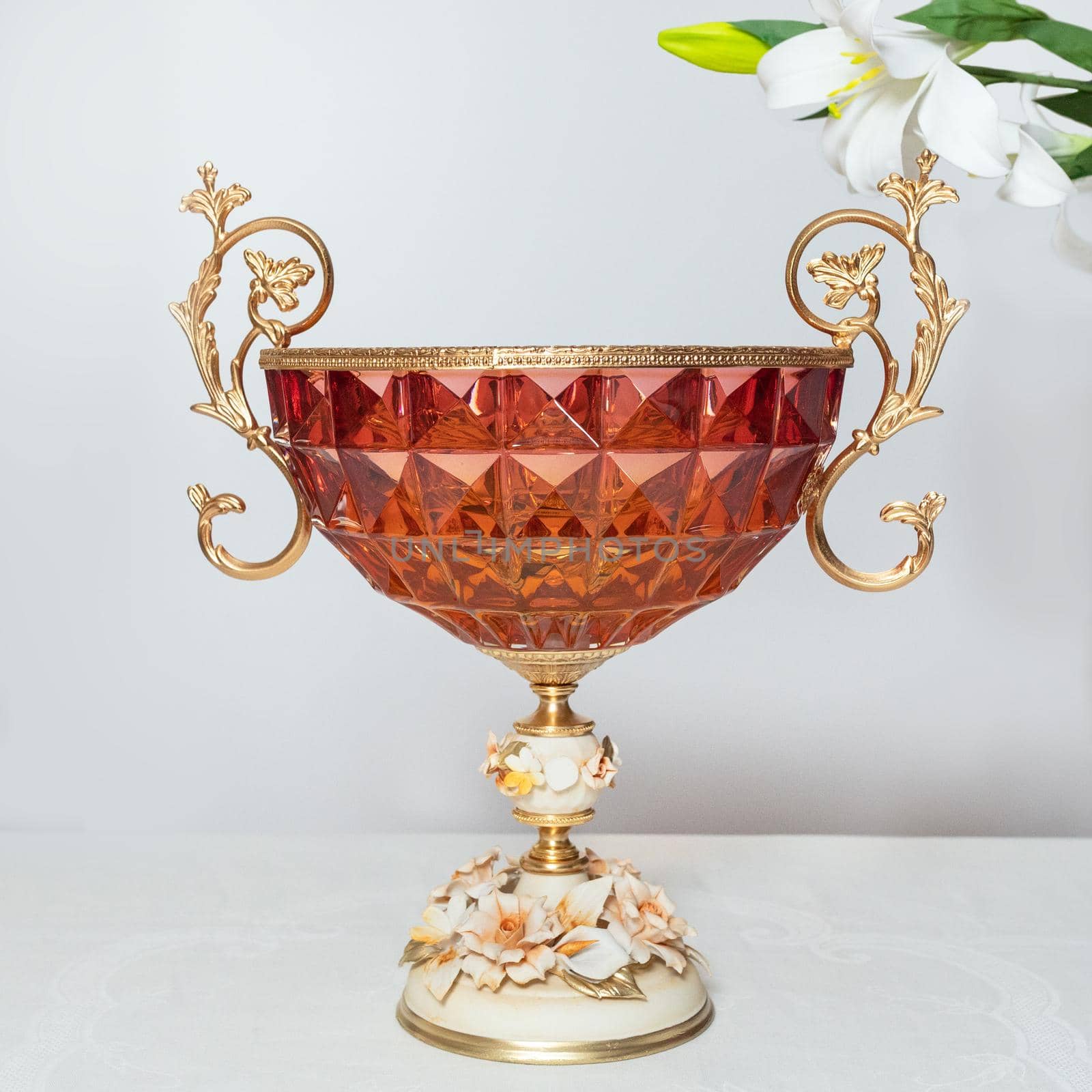 Red home interior decor glass, jar, ceramic vase isolated on white background by ferhad