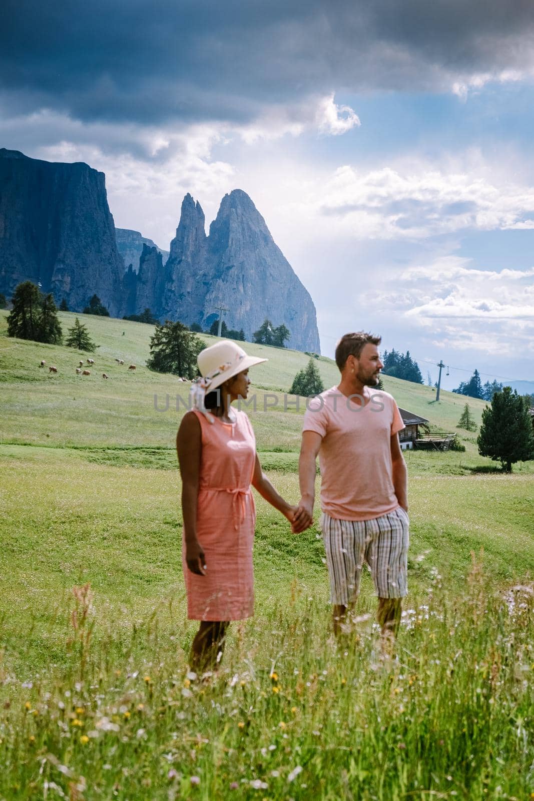 Alpe di Siusi - Seiser Alm with Sassolungo - Langkofel mountain group in background at sunset. Yellow spring flowers and wooden chalets in Dolomites, Trentino Alto Adige, South Tyrol, Italy, Europe. Summer weather with dark clouds rain, couple men and woman on vacation in the Dolomites Italy