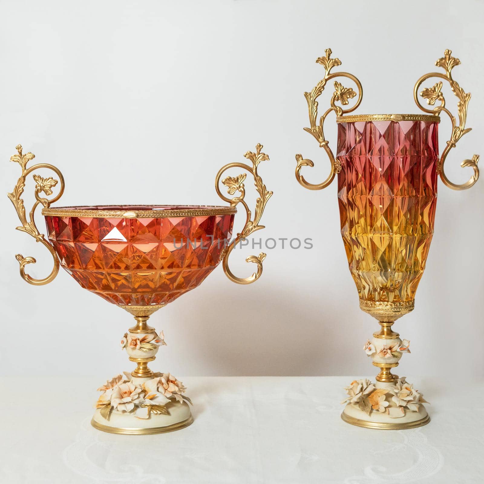 Red home interior decor glass, jar, ceramic vase isolated on white background