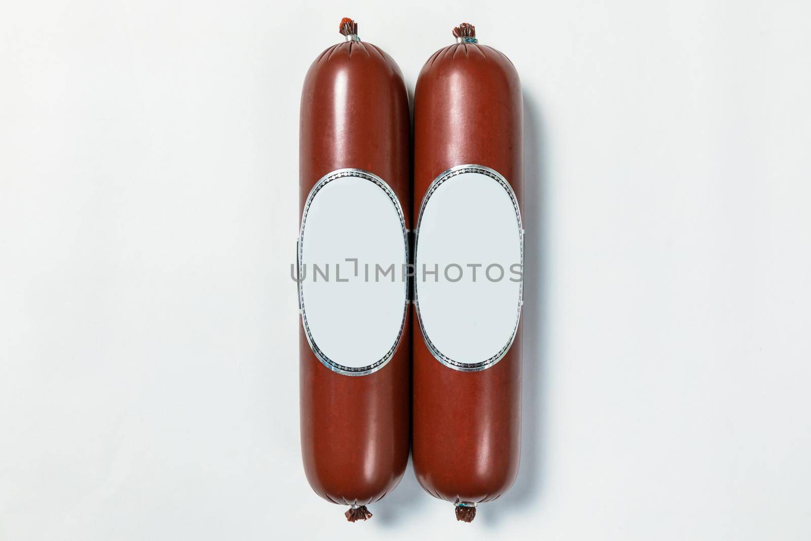 Sausage, salami product, ready for sale on the white background