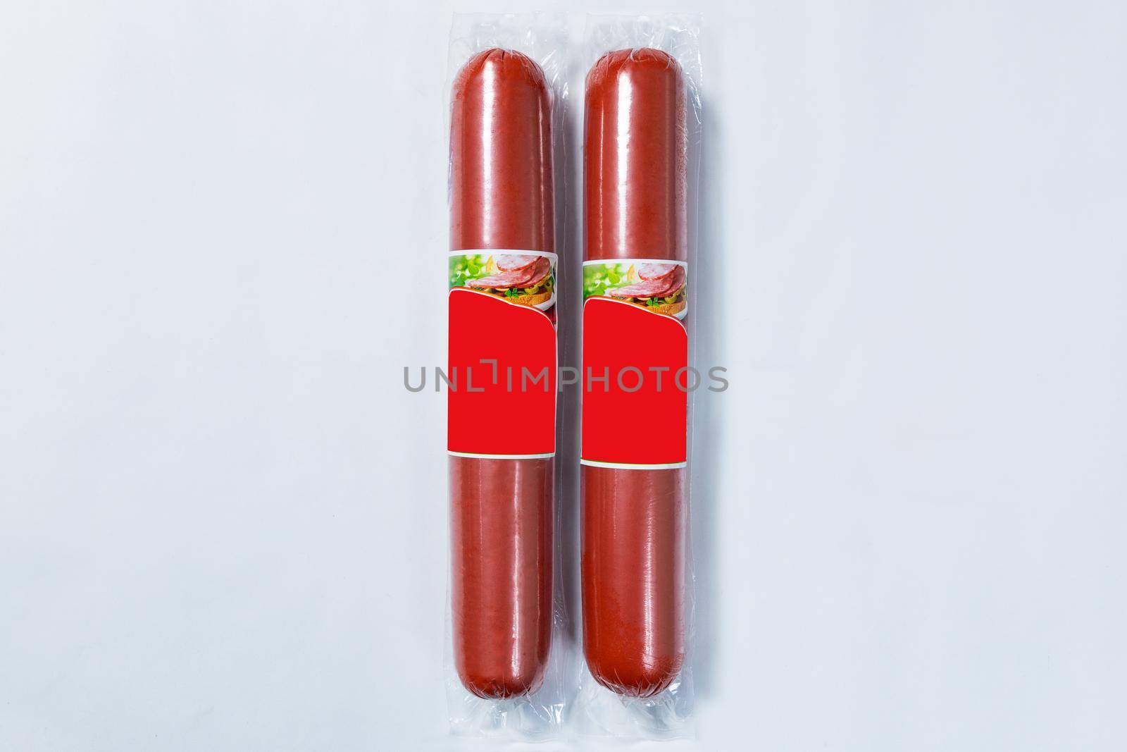 Sausage, salami product, ready for sale on the white background