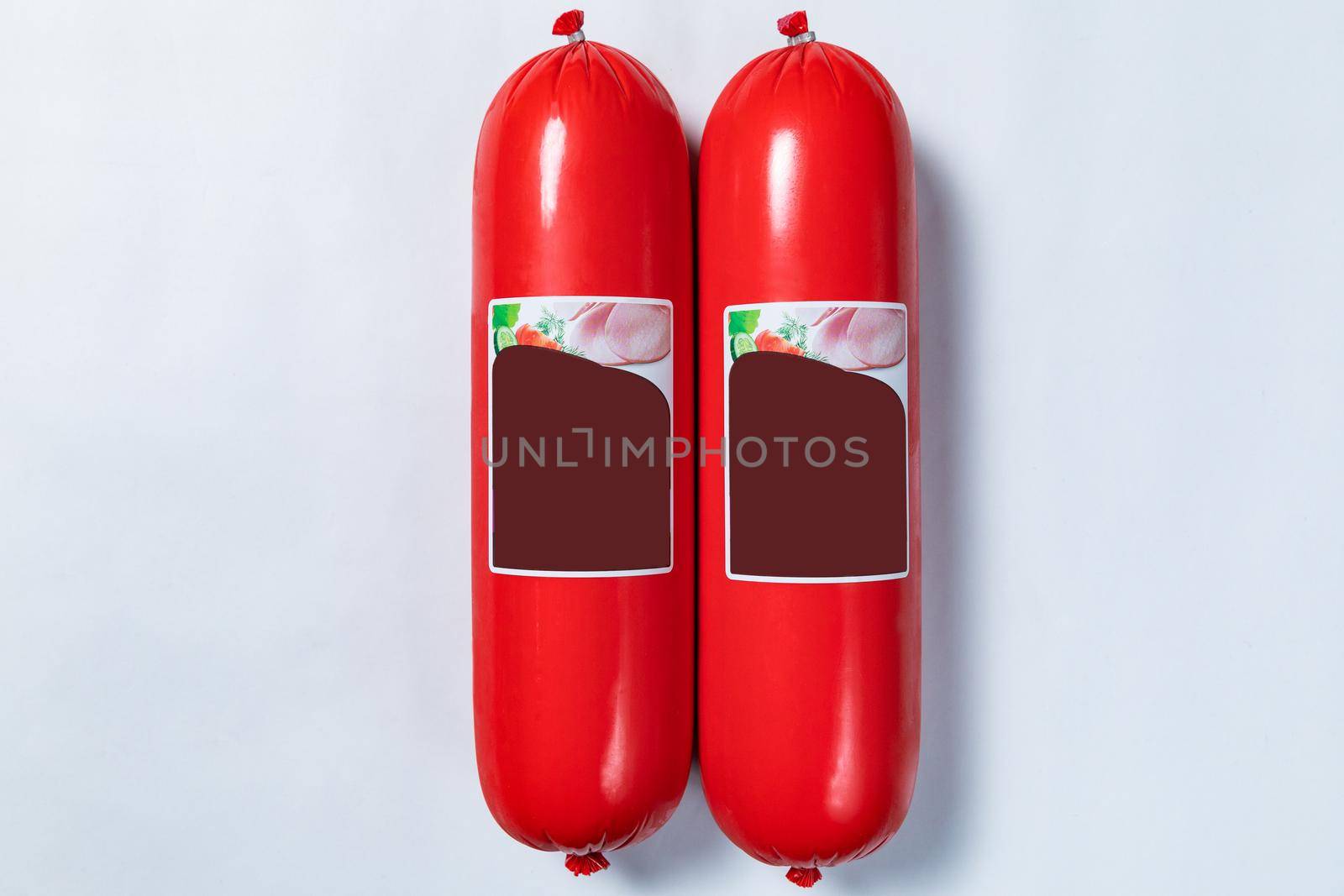 Sausage, salami product, ready for sale on the white background