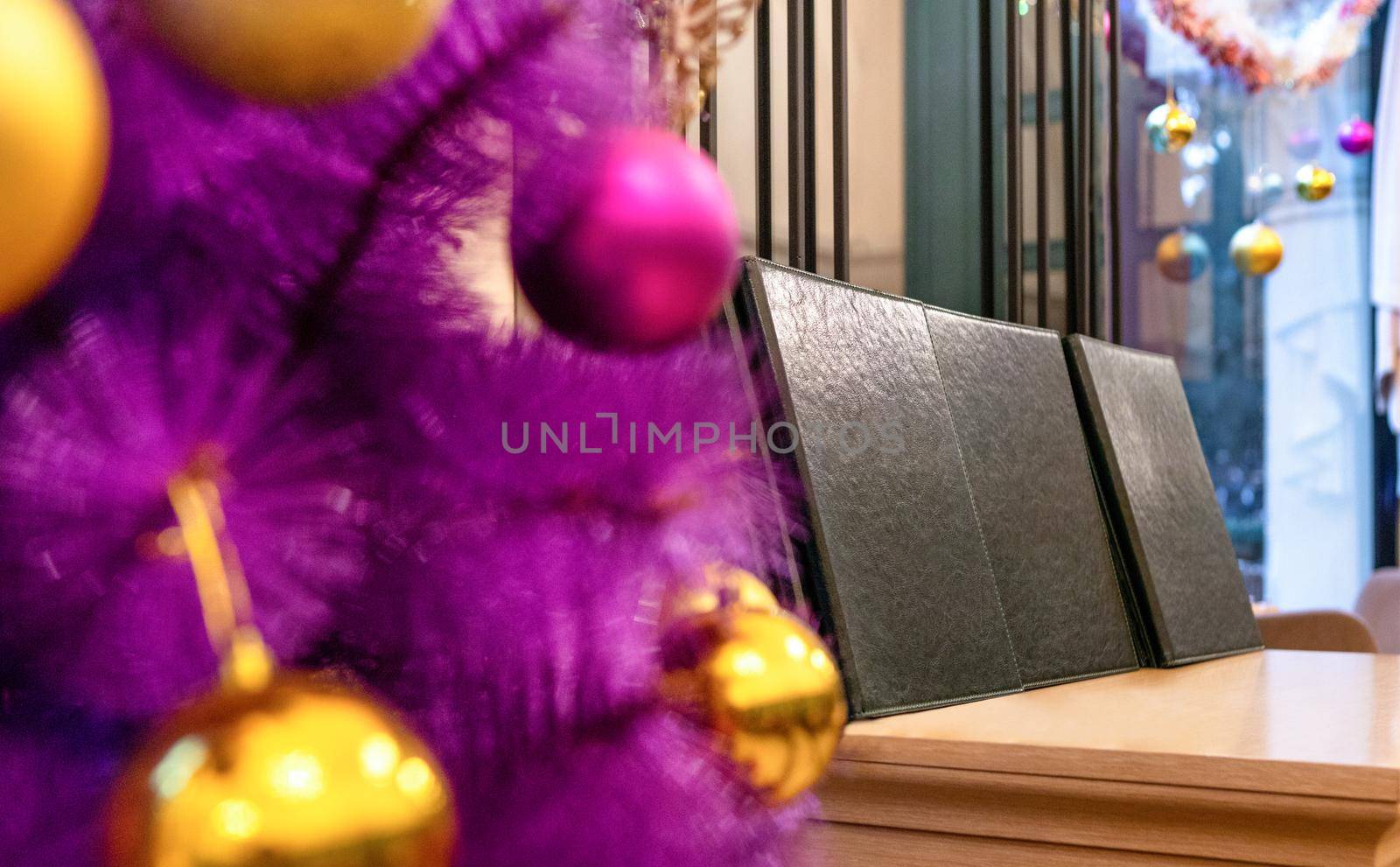 Purple Christmas tree in the restaurant close up by ferhad