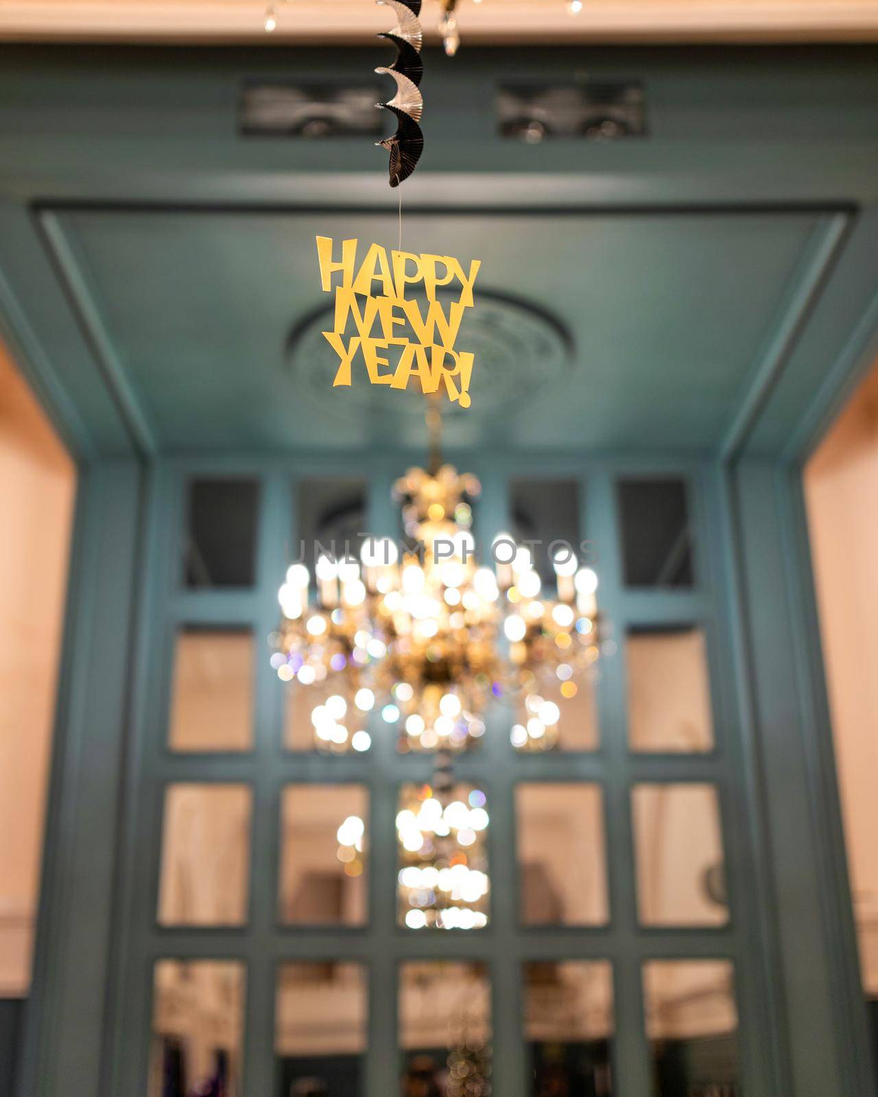 Happy New Year sticker in the restaurant interior