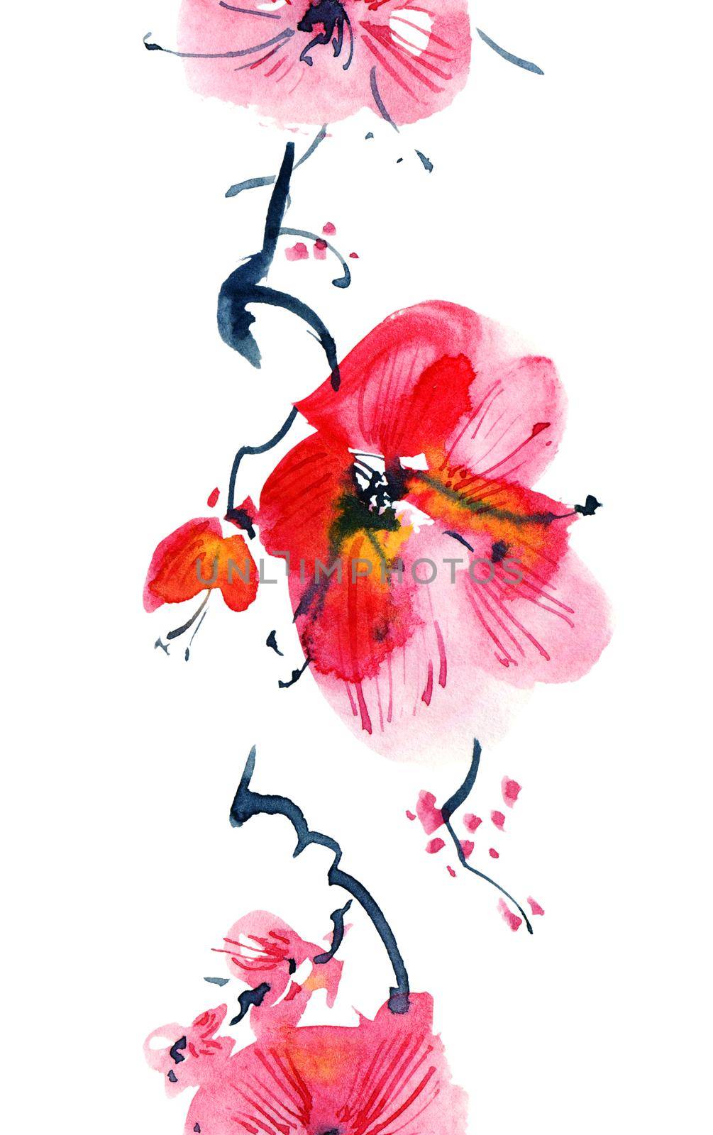 Watercolor and ink illustration of blossom sakura tree with flowers and buds. Oriental traditional painting in style sumi-e, u-sin and gohua. Seamless pattern.