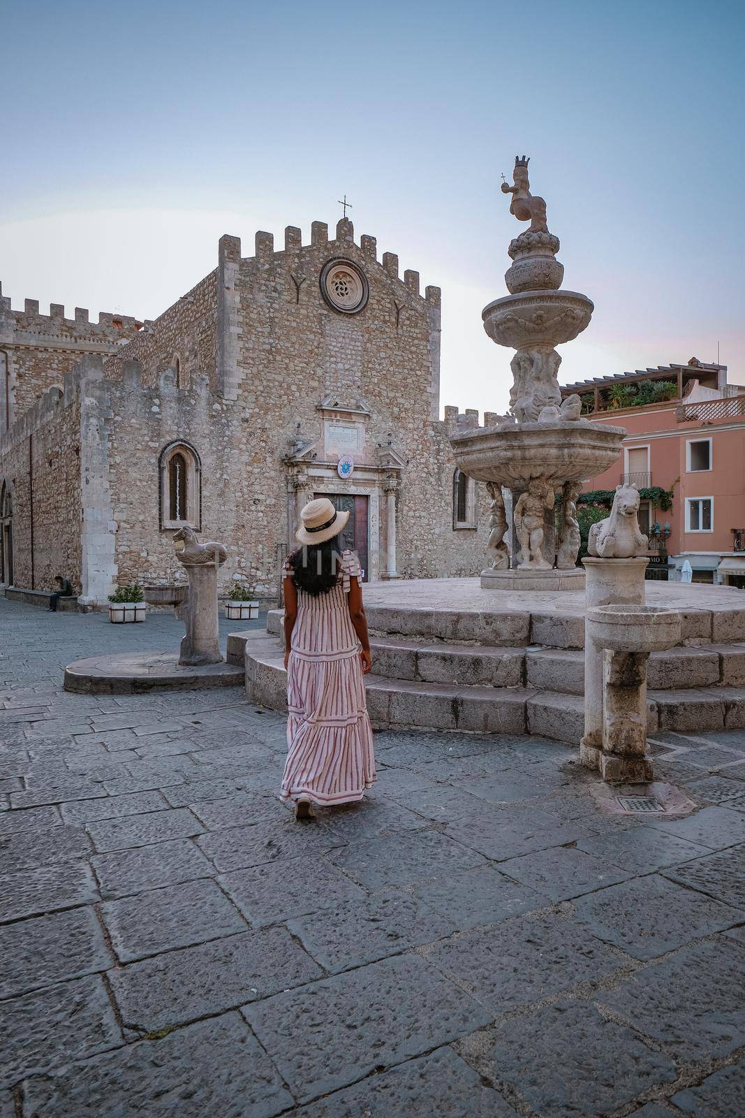 Taormina Sicily, Belvedere of Taormina and San Giuseppe church on the square Piazza IX Aprile in Taormina. Sicily, Italy by fokkebok