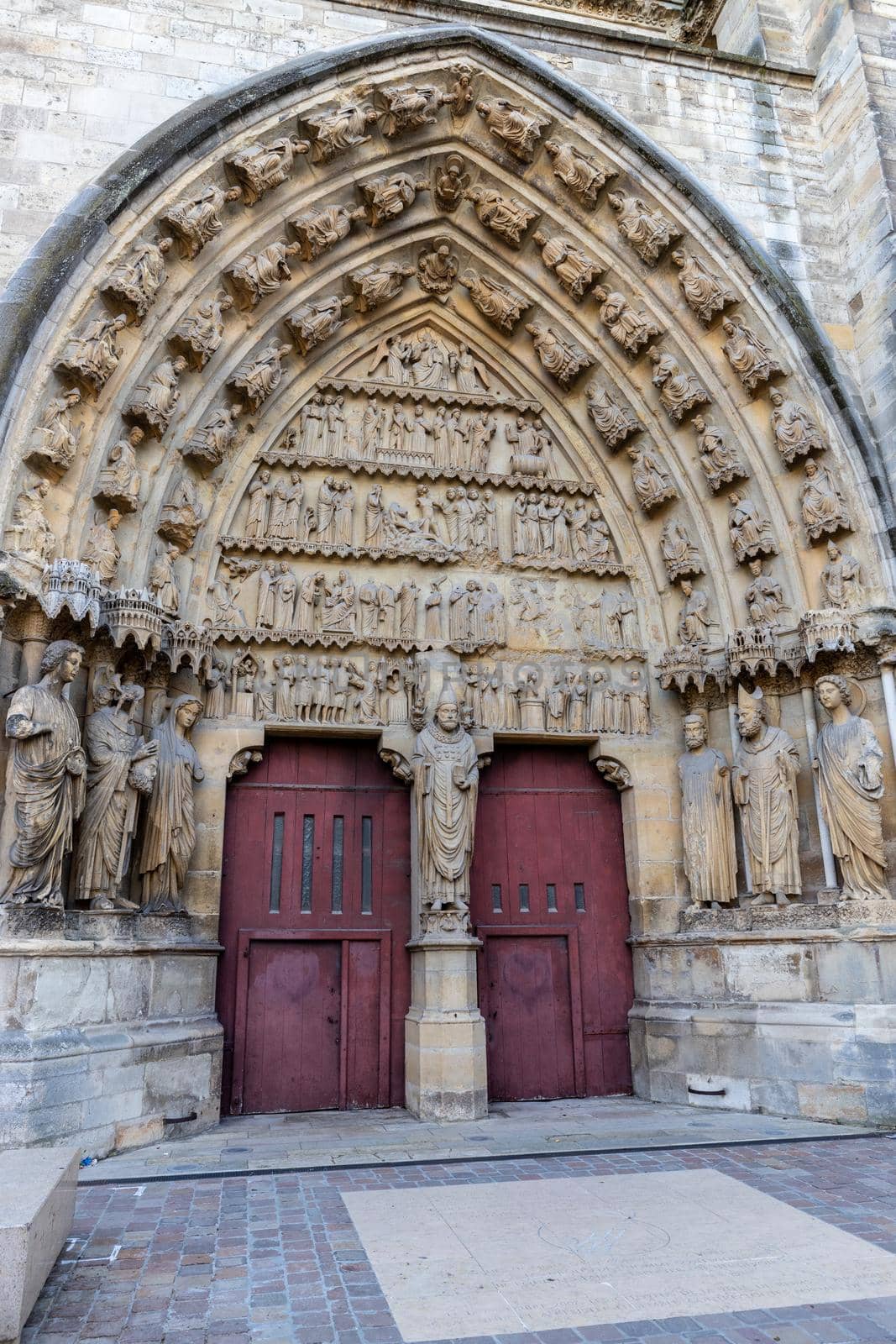 View at portal of cathedral Notre Dame in Reims, France