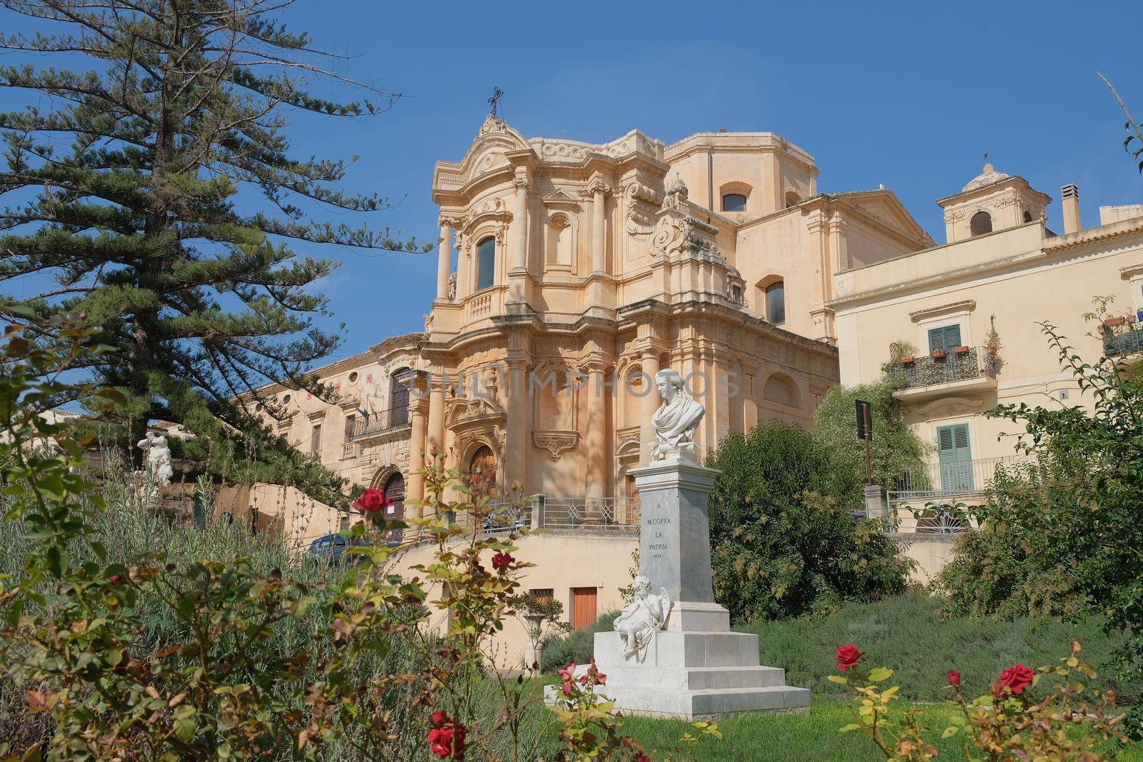 Sicily Italy, view of Noto old town and Noto Cathedral, Sicily, Italy. beautiful and typical streets and stairs in the baroque town of Noto in the province of Syracuse in Sicily