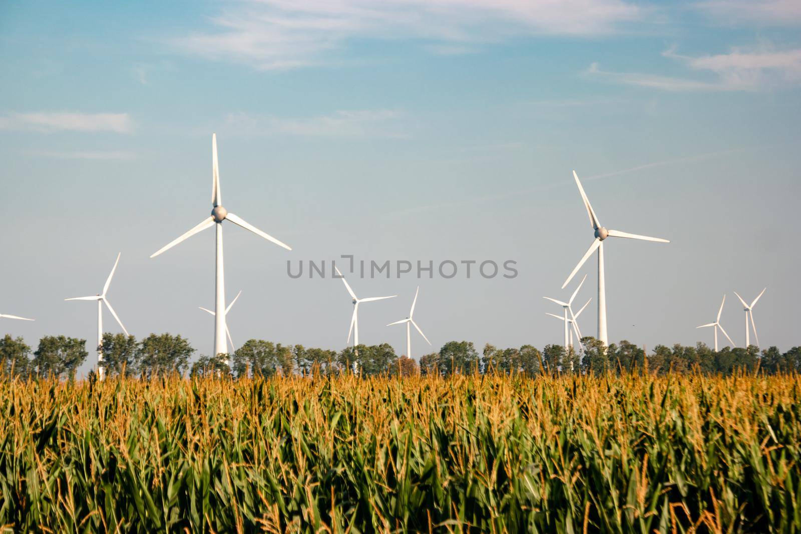 offshore windmill park with stormy clouds and a blue sky, windmill park in the ocean by fokkebok