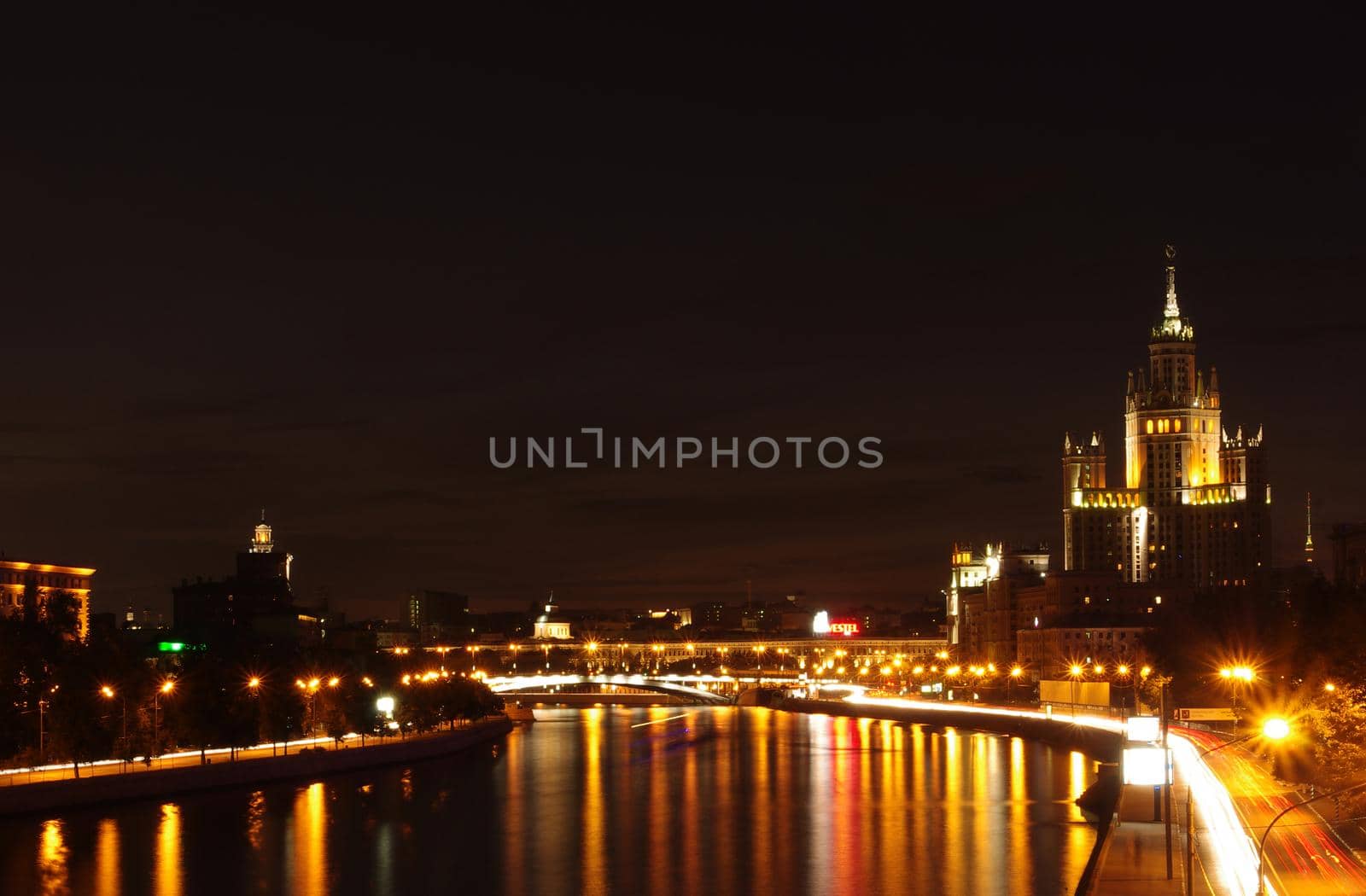 July 30, 2011, Moscow, Russia. Evening illumination at a Stalinist skyscraper on Kotelnicheskaya embankment in Moscow.