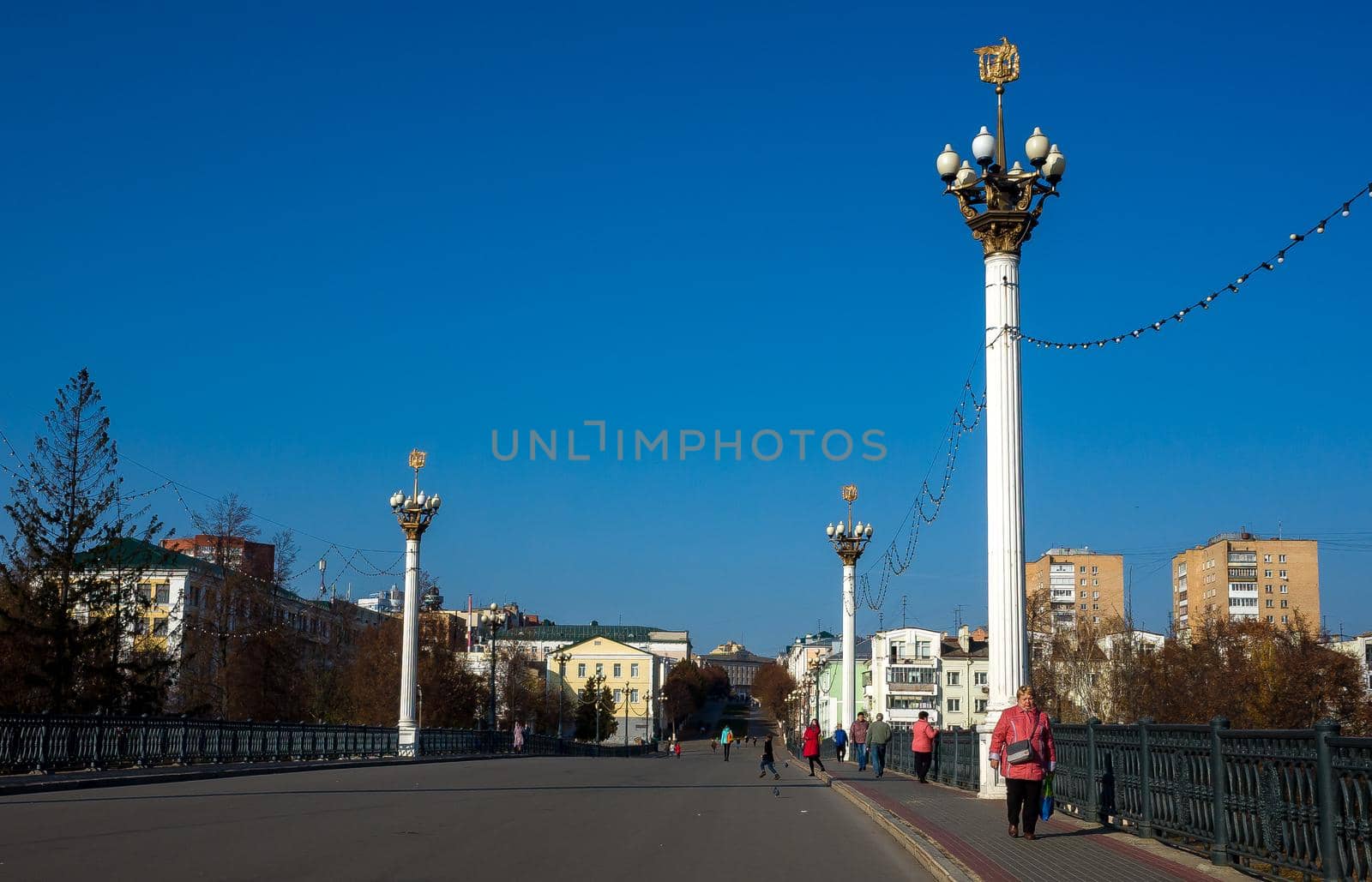 October 22, 2018, Oryol, Russia. Pedestrians on the Alexander Bridge in Oryol.