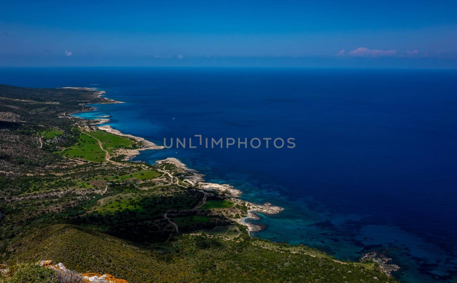 Green mountainous coast of the Mediterranean Sea on the Akamas Peninsula in the northwest of the island of Cyprus.