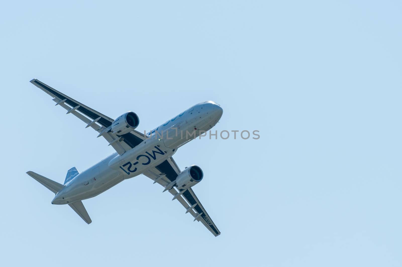 August 30, 2019. Zhukovsky, Russia. Promising Russian medium-range narrow-body passenger aircraft Irkut MC-21 at the International Aviation and Space Salon MAKS 2019.