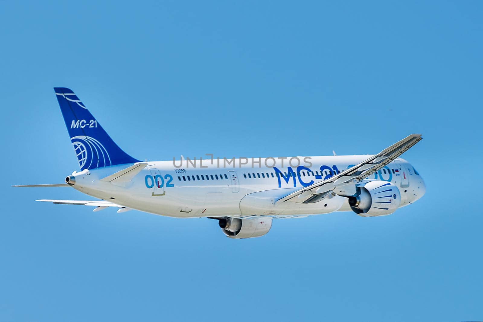 August 30, 2019. Zhukovsky, Russia. Promising Russian medium-range narrow-body passenger aircraft Irkut MC-21 at the International Aviation and Space Salon MAKS 2019.