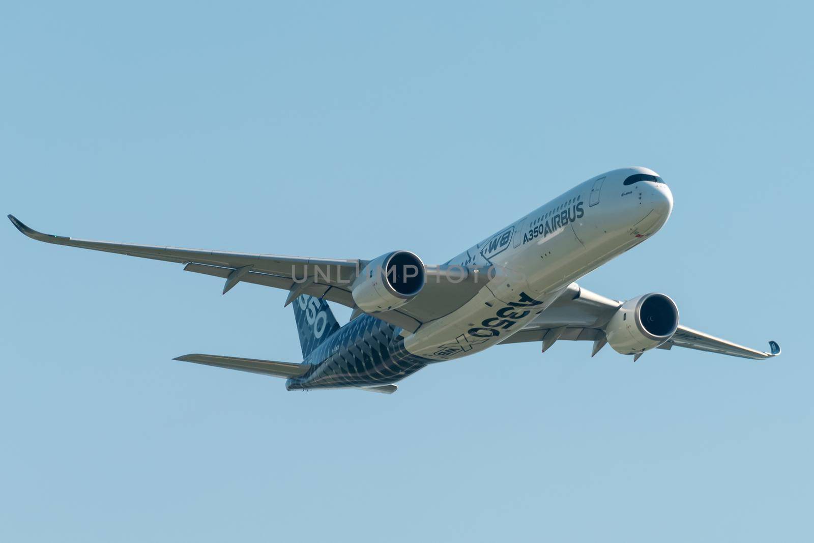 August 30, 2019. Zhukovsky, Russia. long-range wide-body twin-engine passenger aircraft Airbus A350-900 XWB Airbus Industrie at the International Aviation and Space Salon MAKS 2019.