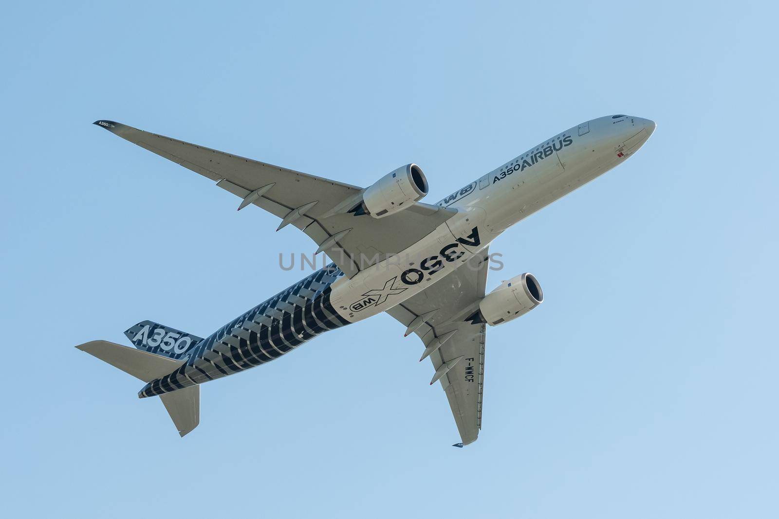 August 30, 2019. Zhukovsky, Russia. long-range wide-body twin-engine passenger aircraft Airbus A350-900 XWB Airbus Industrie at the International Aviation and Space Salon MAKS 2019.