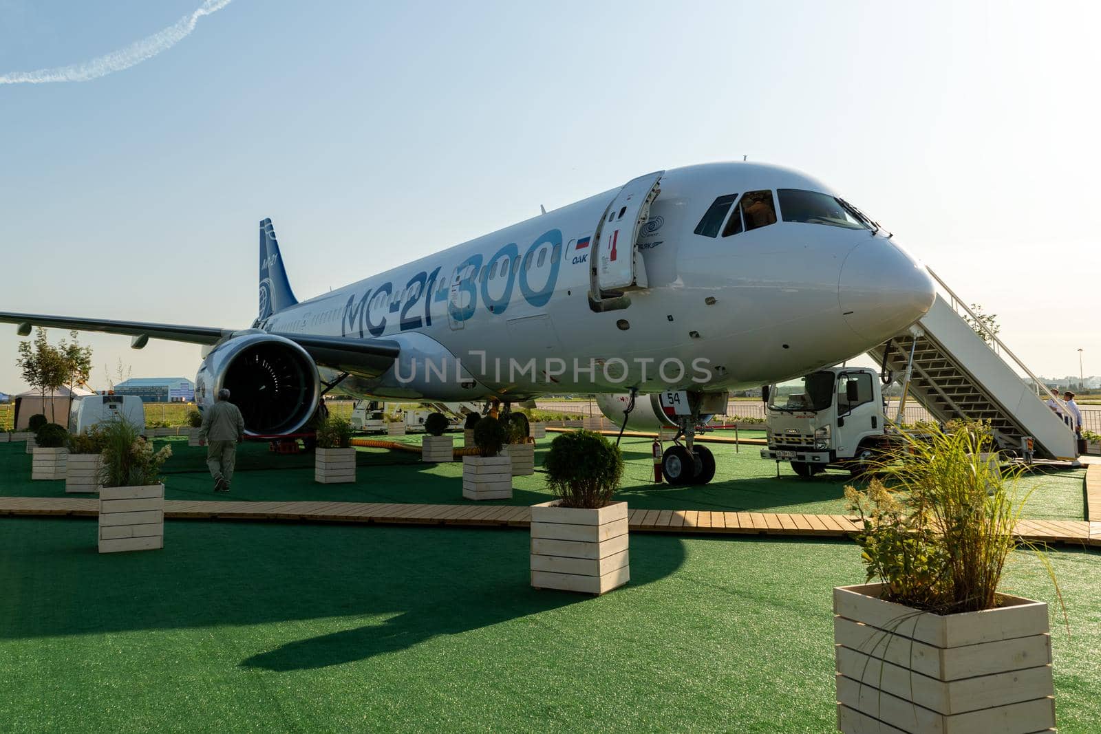 August 30, 2019. Zhukovsky, Russia. Promising Russian medium-range narrow-body passenger aircraft Irkut MC-21 at the International Aviation and Space Salon MAKS 2019.