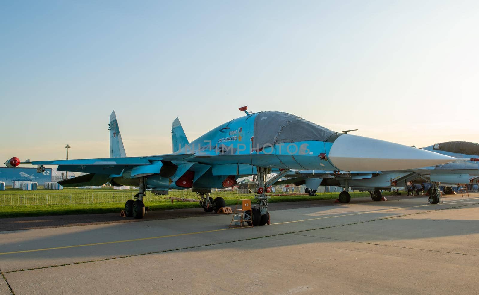 August 30, 2019, Moscow region, Russia.  Russian Multifunctional supersonic fighter-bomber Sukhoi Su-34 "Oleg Peshkov" at the International aviation and space salon.
