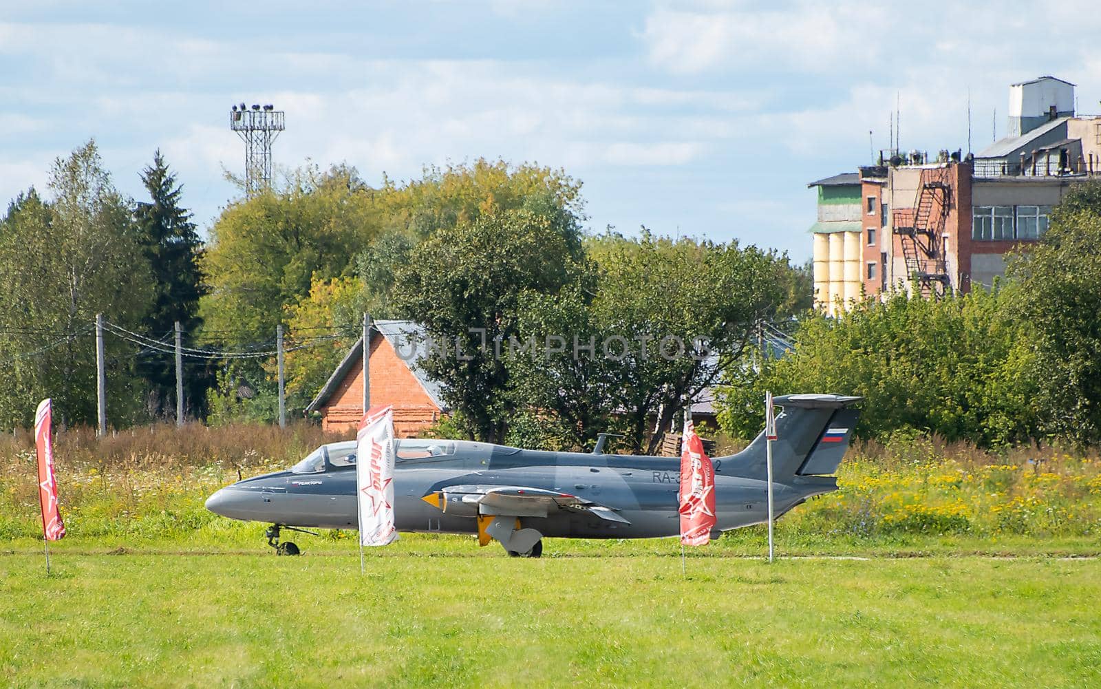 September 12, 2020, Kaluga region, Russia. The Aero L-29 Delfin training aircraft performs a training flight at the Oreshkovo airfield.