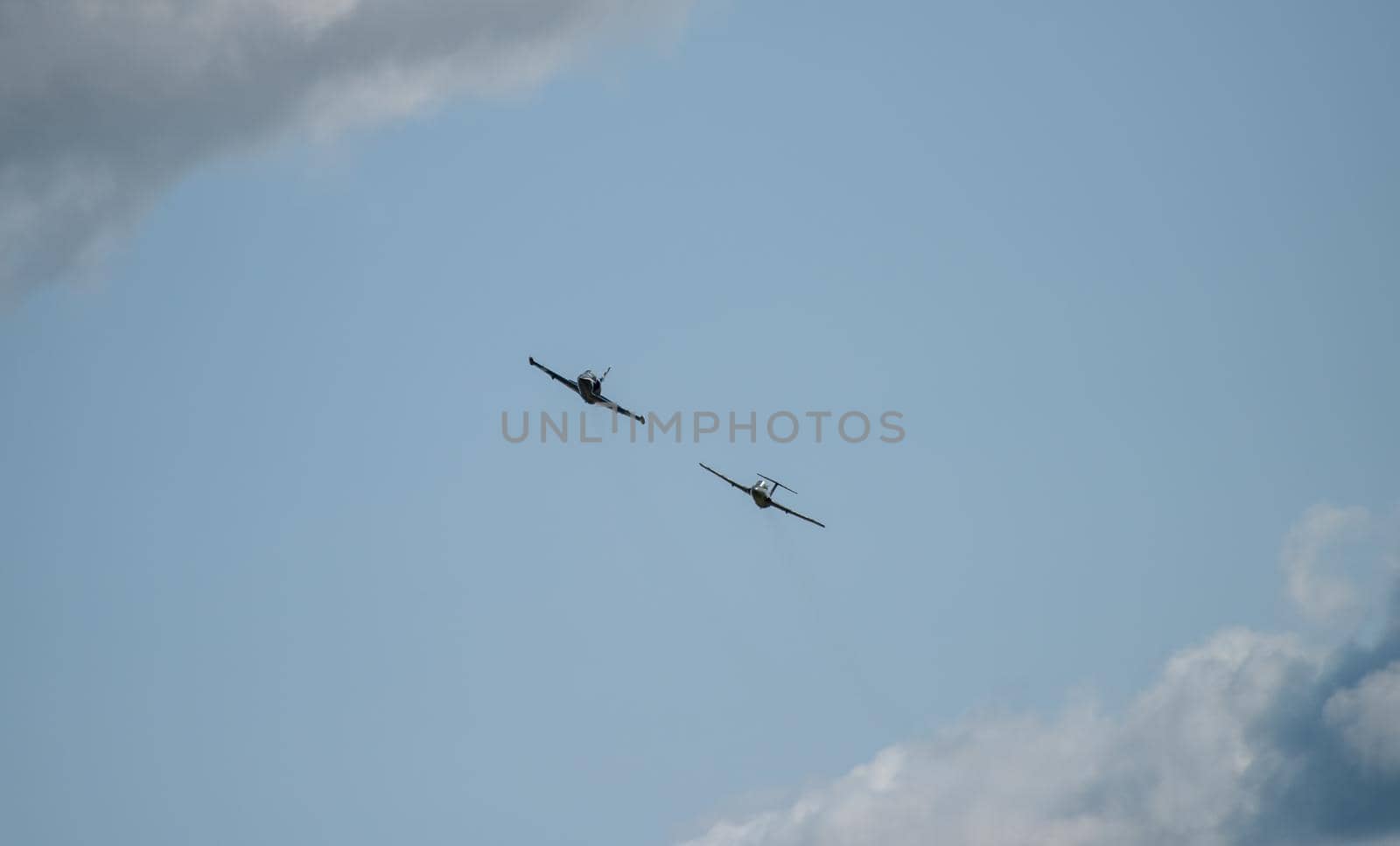 September 12, 2020, Kaluga region, Russia. Training aircraft Aero L-39 Albatros and Aero L-29 Delfin perform a training flight at the Oreshkovo airfield.