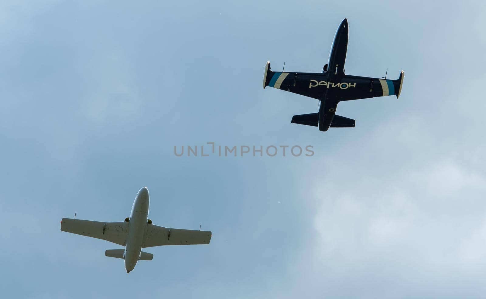 September 12, 2020, Kaluga region, Russia. Training aircraft Aero L-39 Albatros and Aero L-29 Delfin perform a training flight at the Oreshkovo airfield.