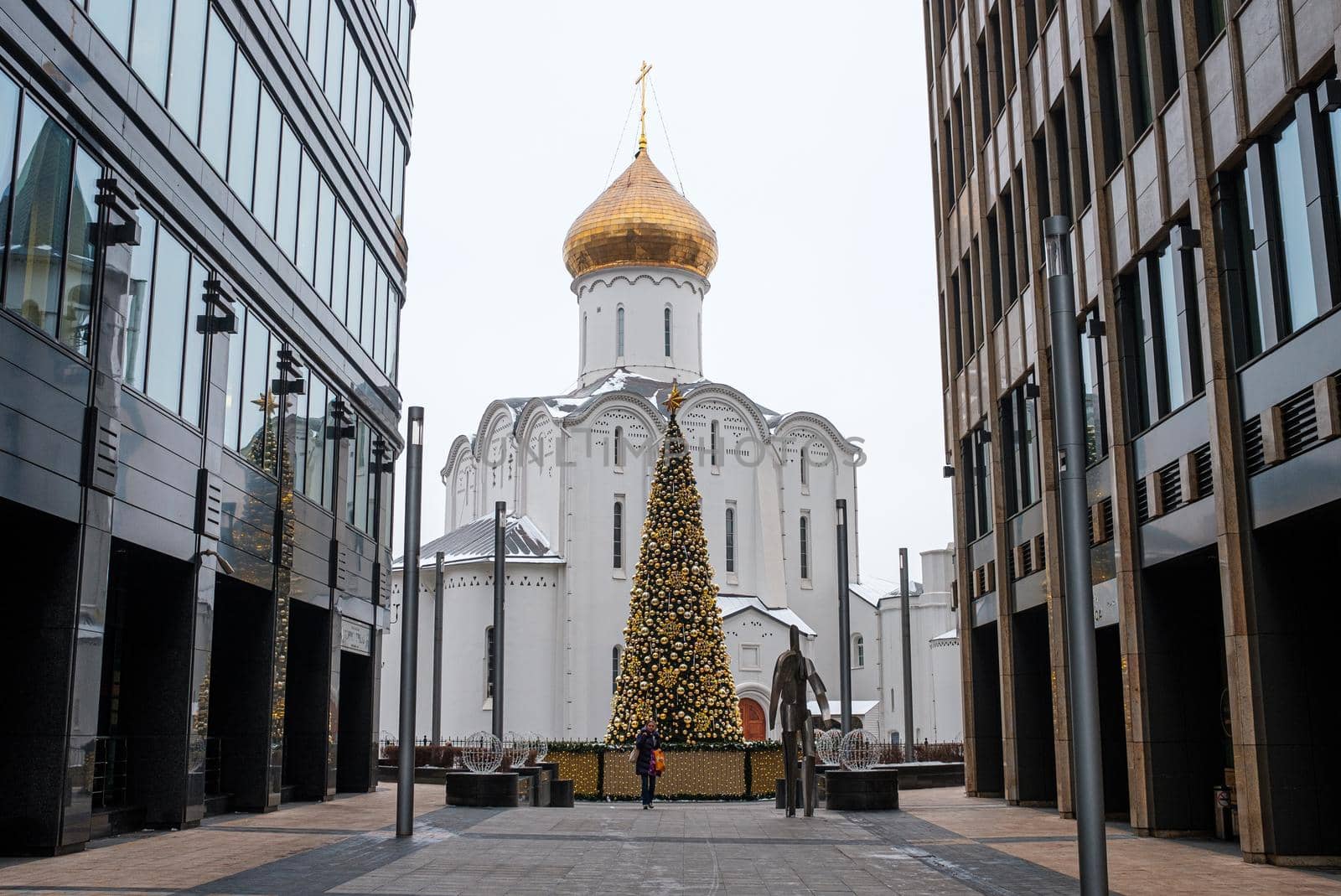 December 14, 2020, Moscow, Russia. New Year tree at the Church of St. Nicholas the Wonderworker at Tverskaya Zastava.