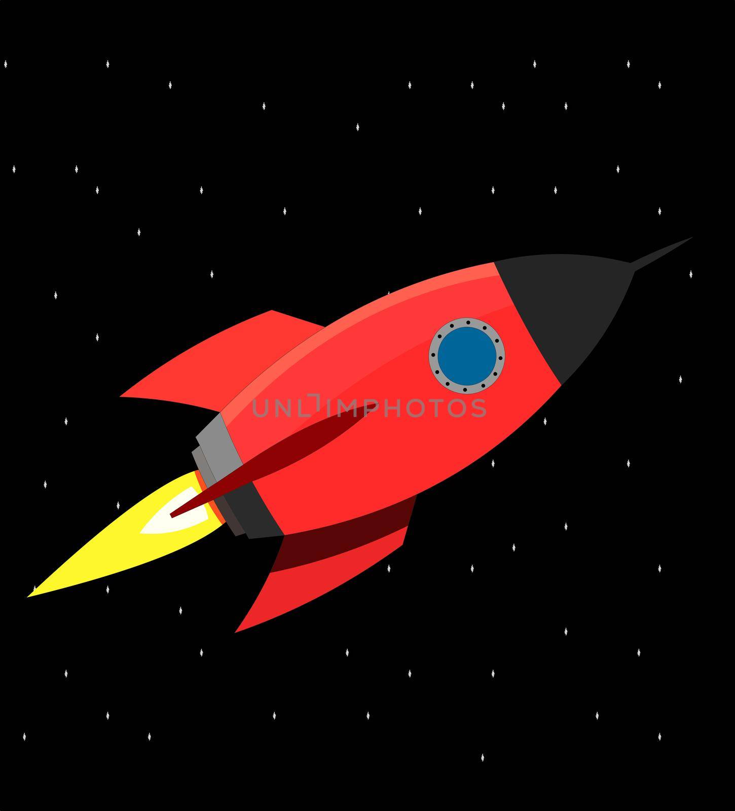 A large red rocket with a round windows in space.rocket,