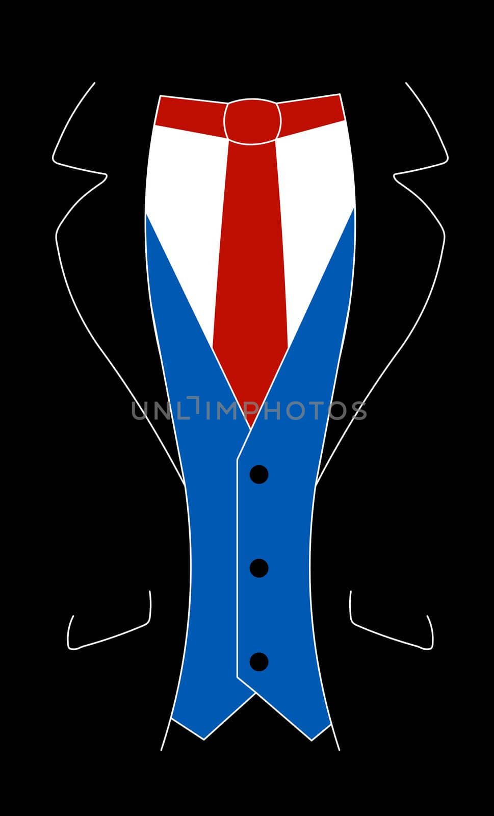 A suit with a red tie and blue iner jacket.