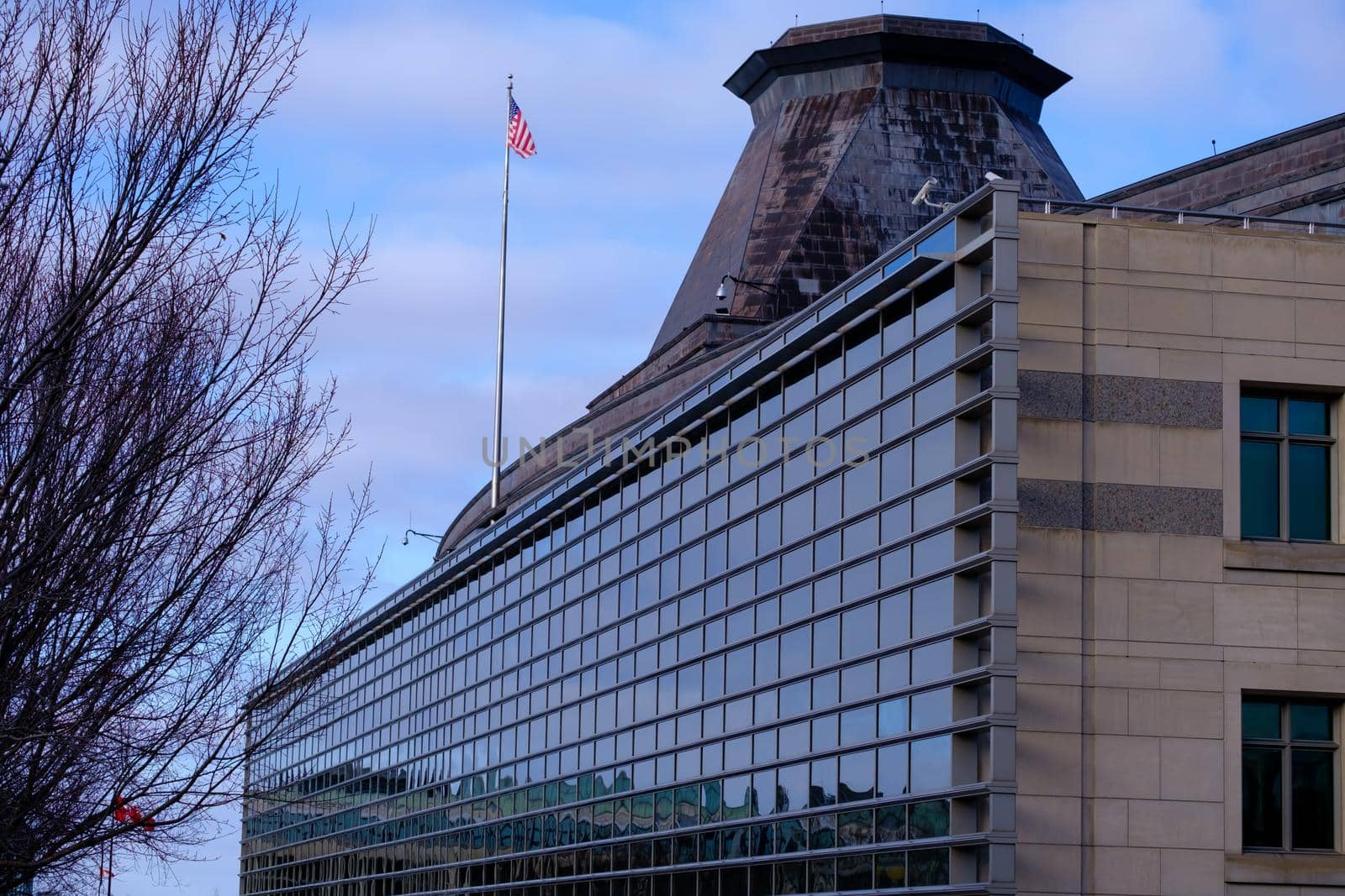 Ottawa, Ontario, Canada - November 18, 2020: The Embassy of the United States of America seen from Mackenzie Avenue in downtown Ottawa, Canada.