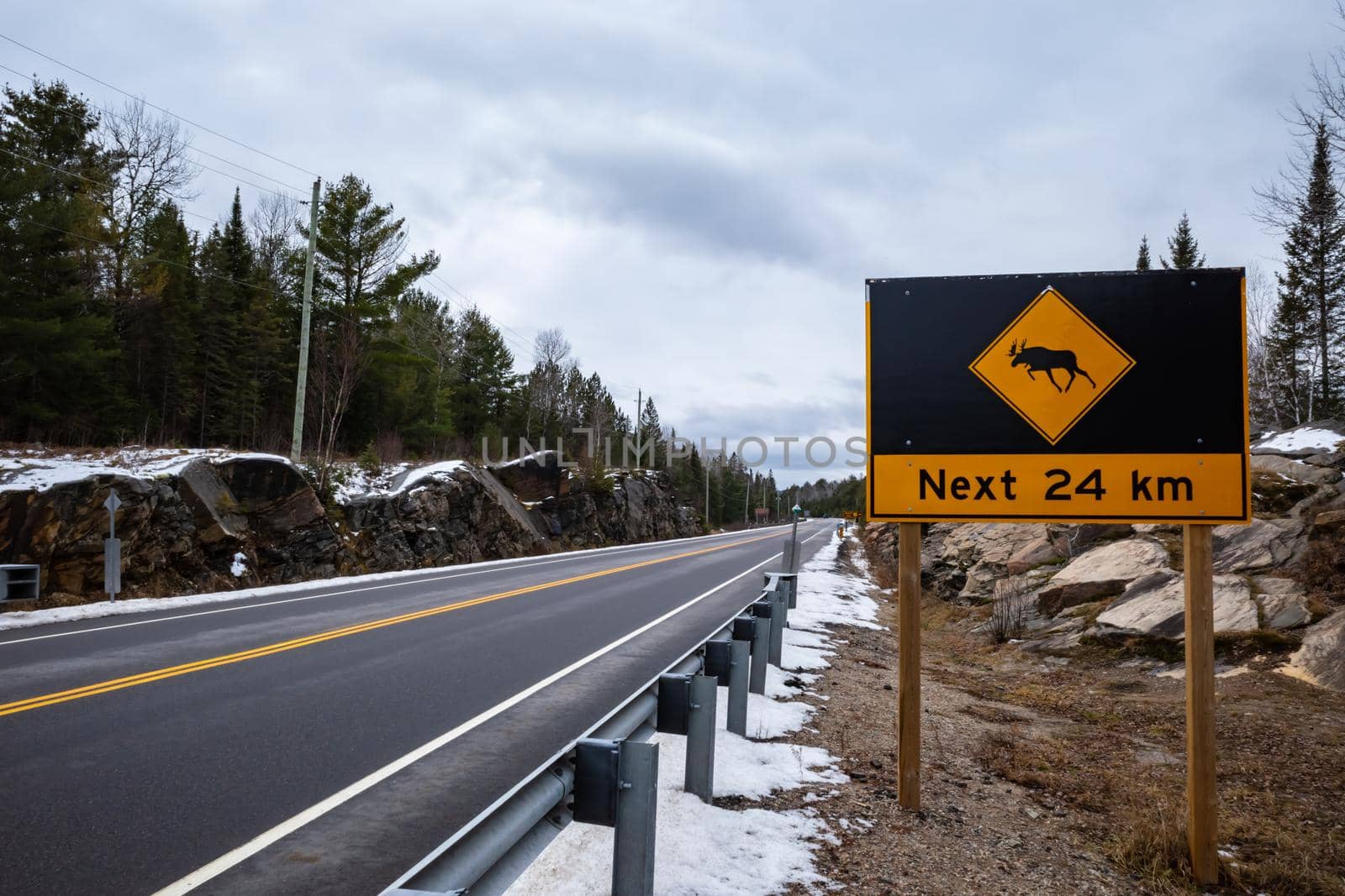 Moose crossing sign warns of hazard for next 24 km by colintemple