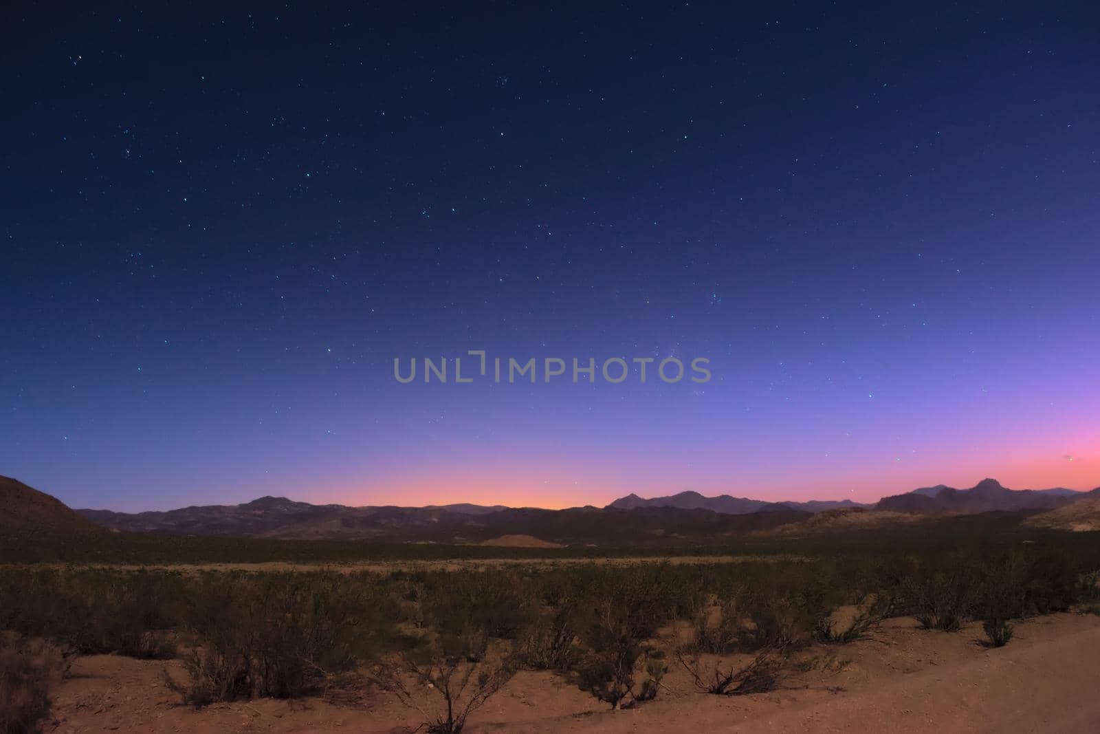 Starry twilight sky over the desert near Uspallata, Mendoza, Argentina.