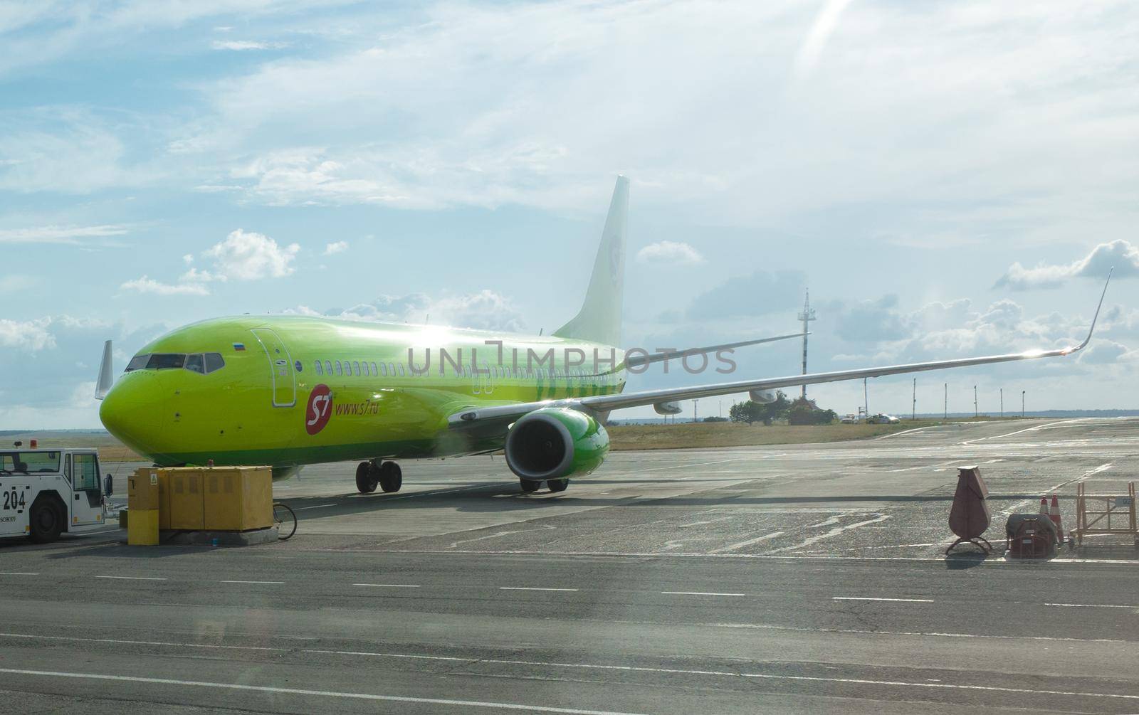 SIMFEROPOL, RUSSIA, JULY 28, 2017 Boeing 737-8 S7 airlines at the International Airport of Simferopol.