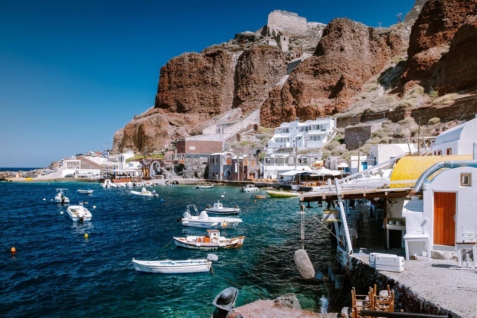 Santorini Greece August 2020, habour of Oia Santorini on a summer day. High quality photo