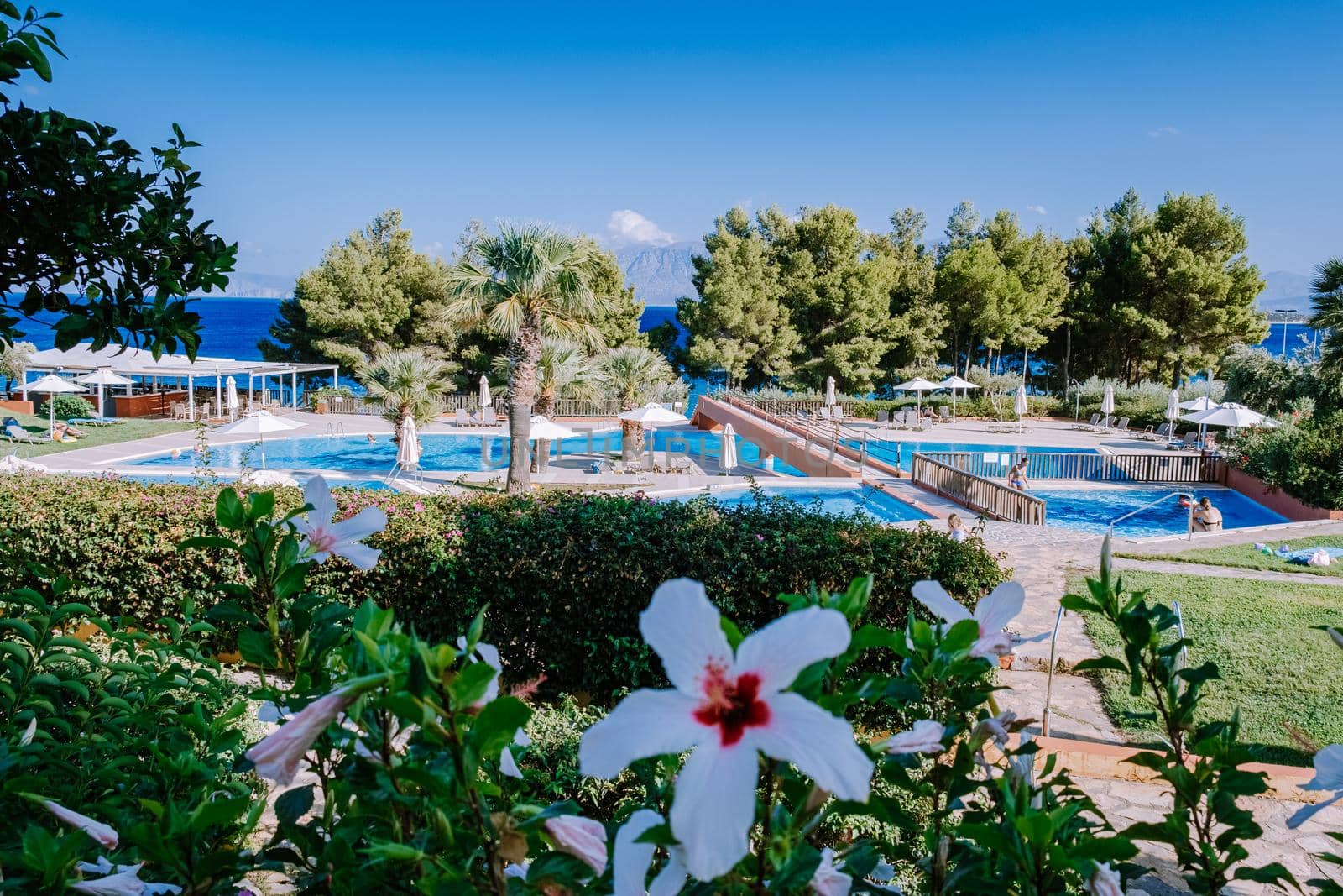 Crete Greece, Candia park village a luxury holiday village in Crete Greece by the ocean in traditional colors. Luxury holiday resort with pool