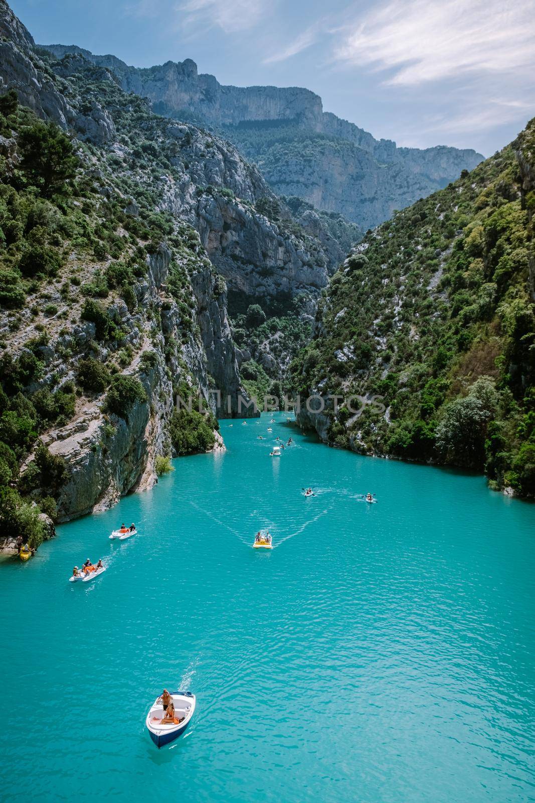 view to the cliffy rocks of Verdon Gorge at lake of Sainte Croix, Provence, France, near Moustiers Sainte Marie, department Alpes de Haute Provence, region Provence Alpes Cote Azur by fokkebok