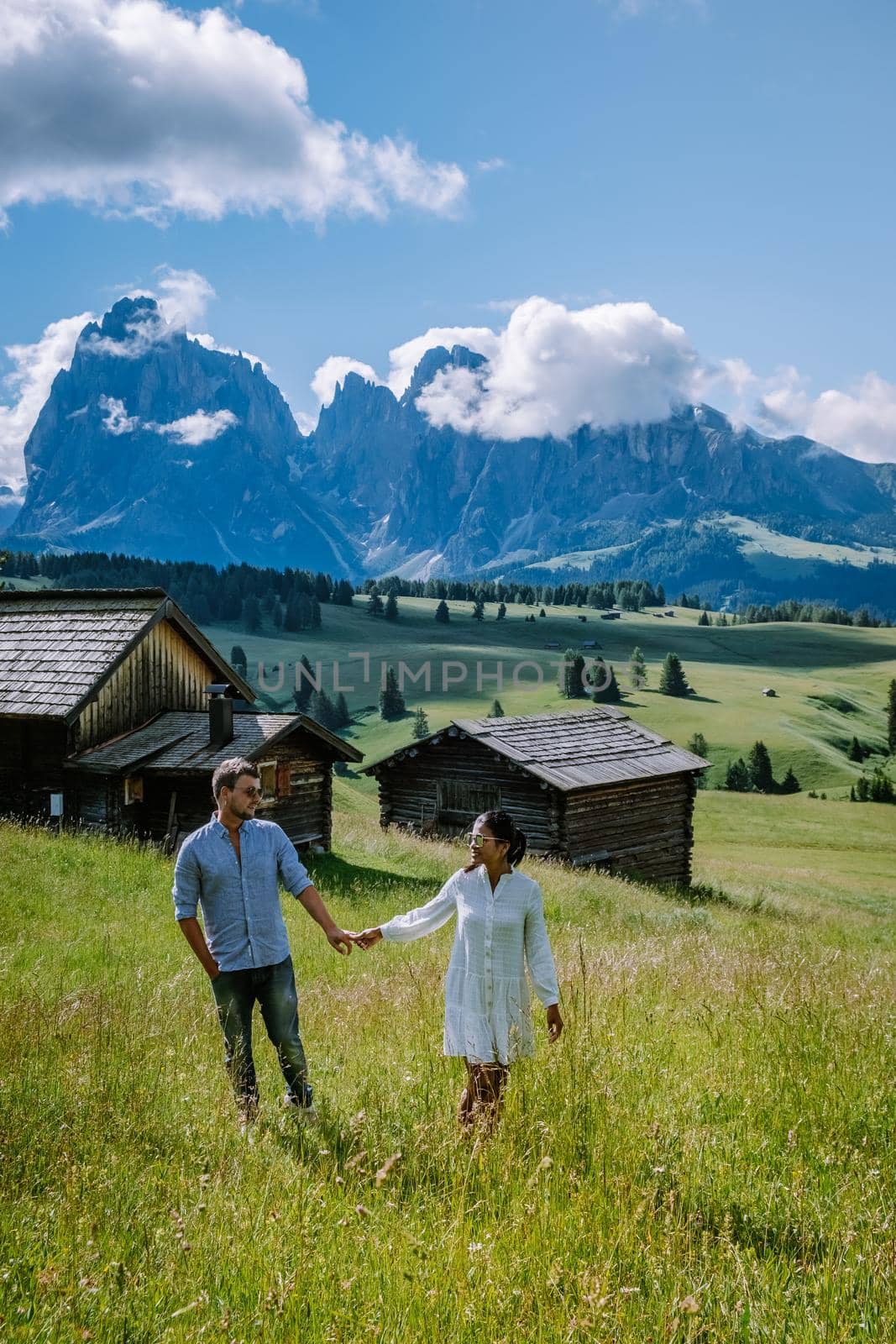 couple men and woman on vacation in the Dolomites Italy,Alpe di Siusi - Seiser Alm South Tyrol, Italy by fokkebok