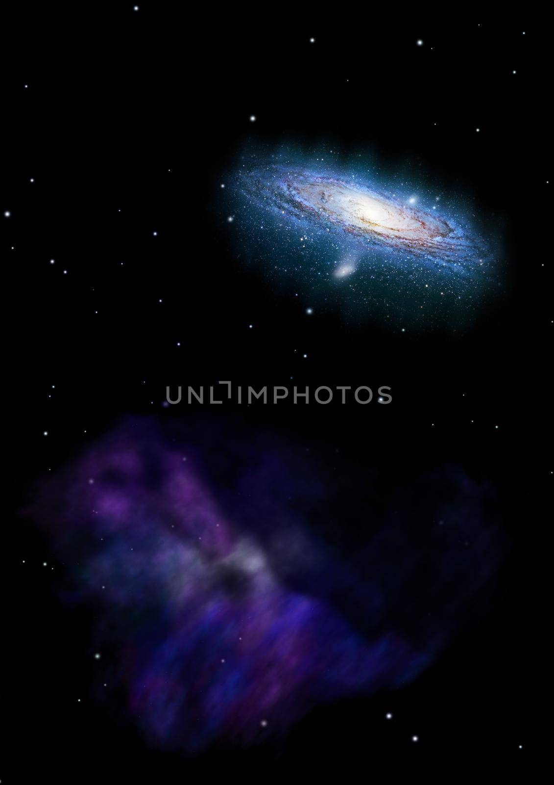 Stars and spiral galaxy in a free space. Elements of this image furnished by NASA . 3D rendering.