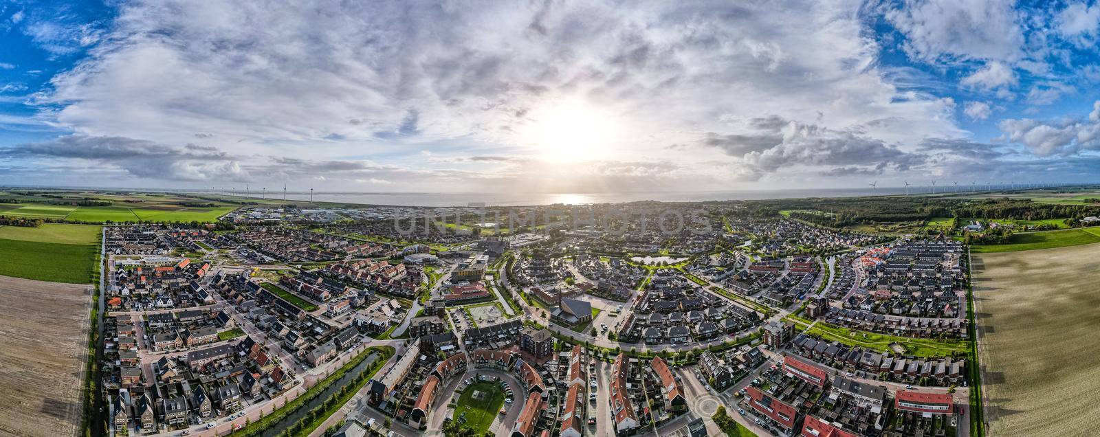 Top view of house Village from Drone capture in the air house is brown roof top Urk netherlands Flevoland. High quality photo with drone