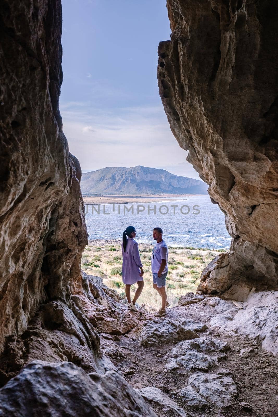 San Vito Lo Capo Sicily, San Vito lo Capo beach and Monte Monaco in background, north-western Sicily. cliffs and rocky coastline in Sicily