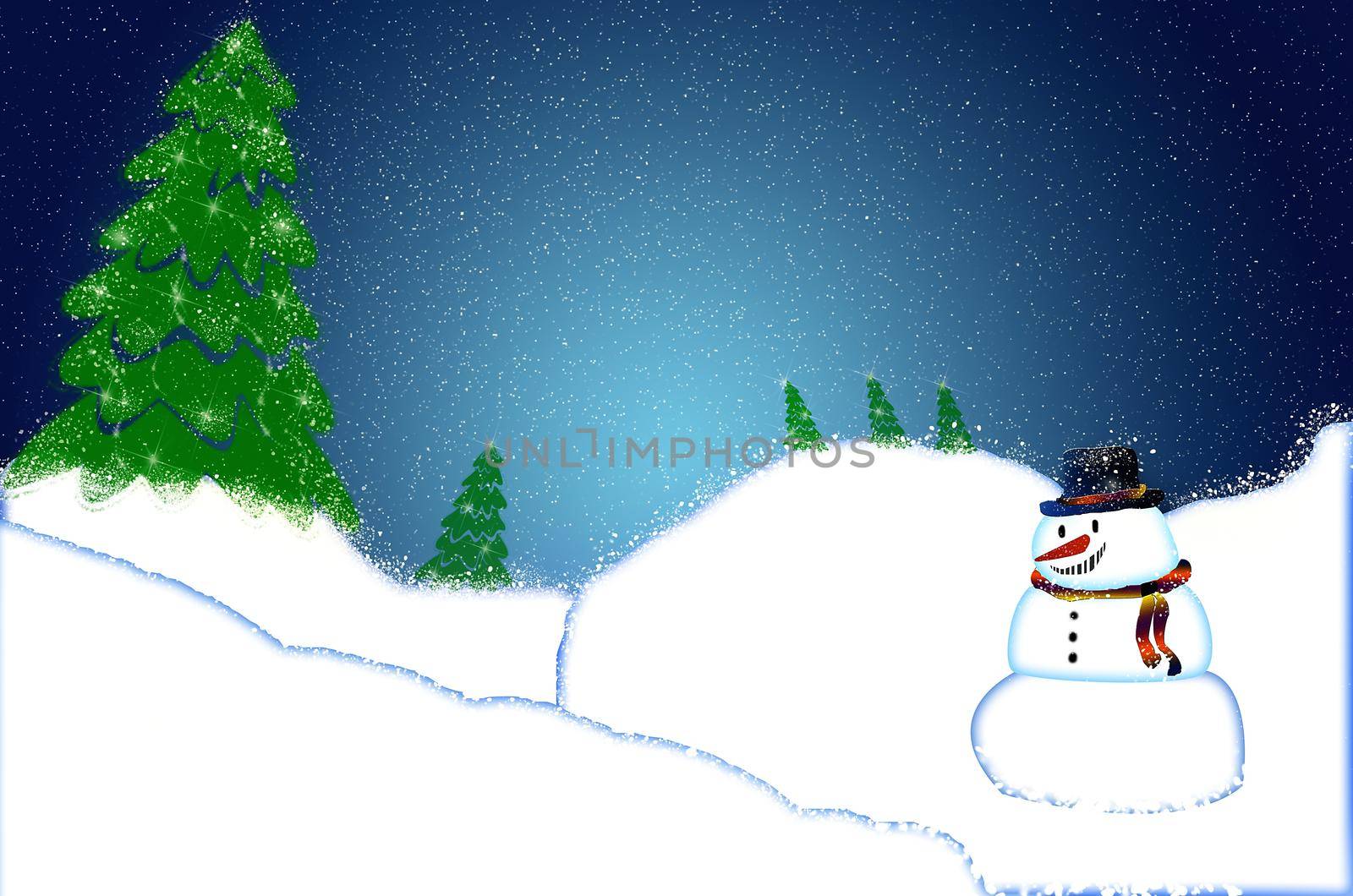 Merry Christmas and Happy New year! Funny snowman near tree in cartoon style. by KajaNi