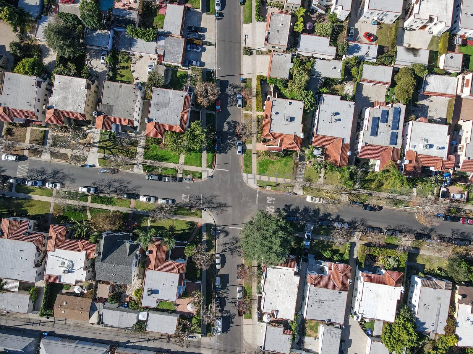 Aerial top view above Mid-City neighborhood in Central Los Angeles, California. USA