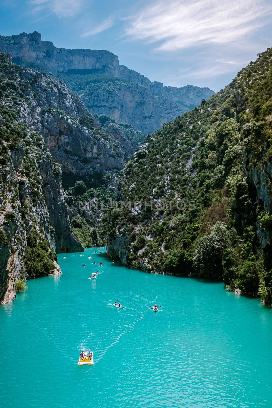 view to the cliffy rocks of Verdon Gorge at lake of Sainte Croix, Provence, France, near Moustiers Sainte Marie, department Alpes de Haute Provence, region Provence Alpes Cote Azur by fokkebok