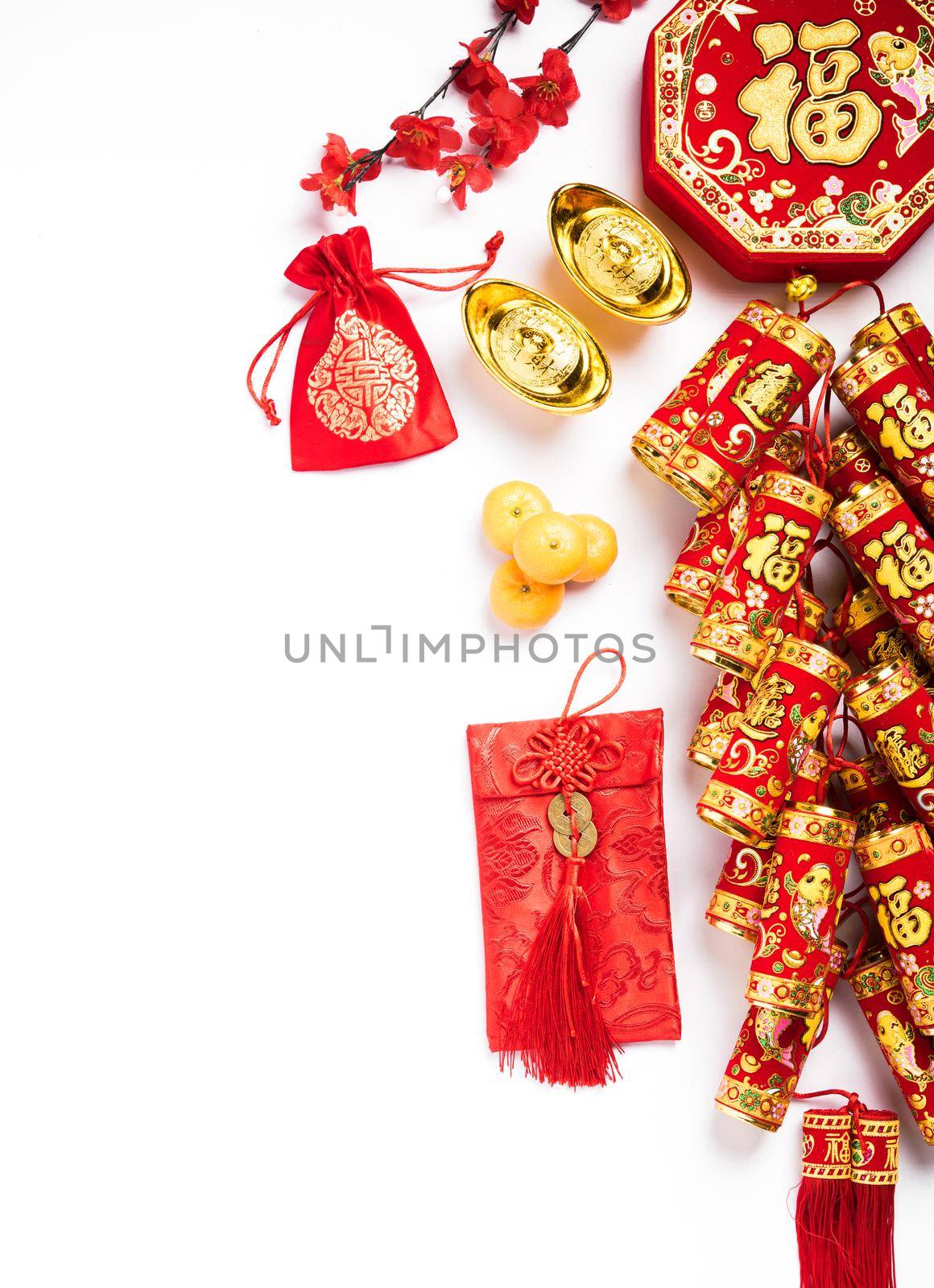 Chinese new year 2021 festival, Top view flat lay lunar new year or Happy Chinese new year decorations celebration with copy space isolated on white background (Chinese character "fu" meaning fortune)