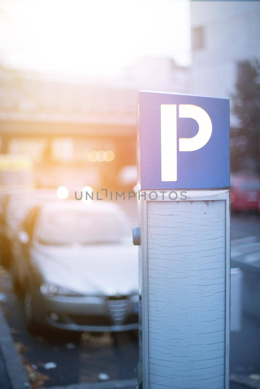 Parking machine in the city street, evening, sunlight.