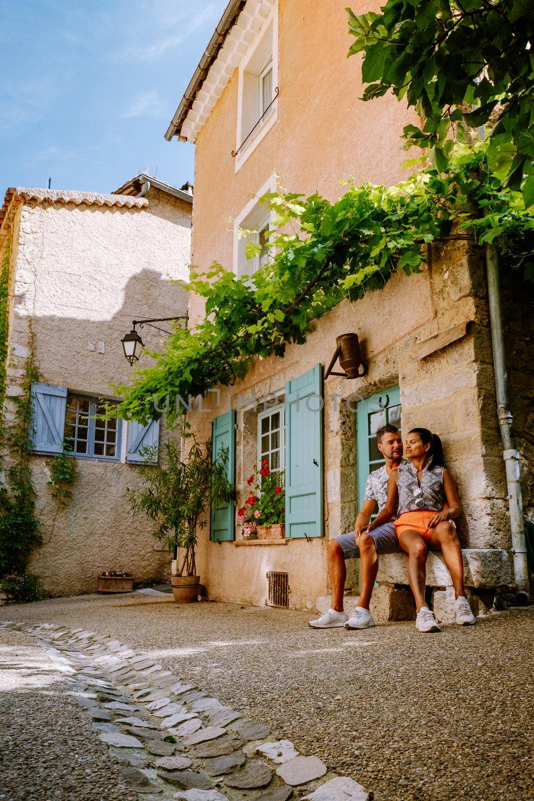 The Village of Moustiers-Sainte-Marie, Provence, France June 2020, couple visit the Provence by fokkebok