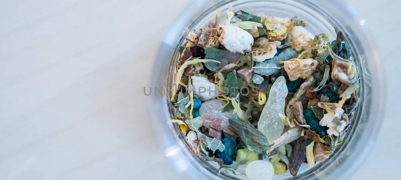 Close up picture of dried incense in a glass bowl